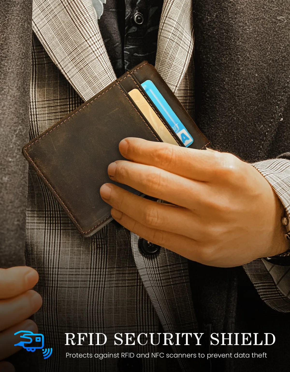 Crazy Horse Leather Slim Bifold Wallet RFID Blocking
