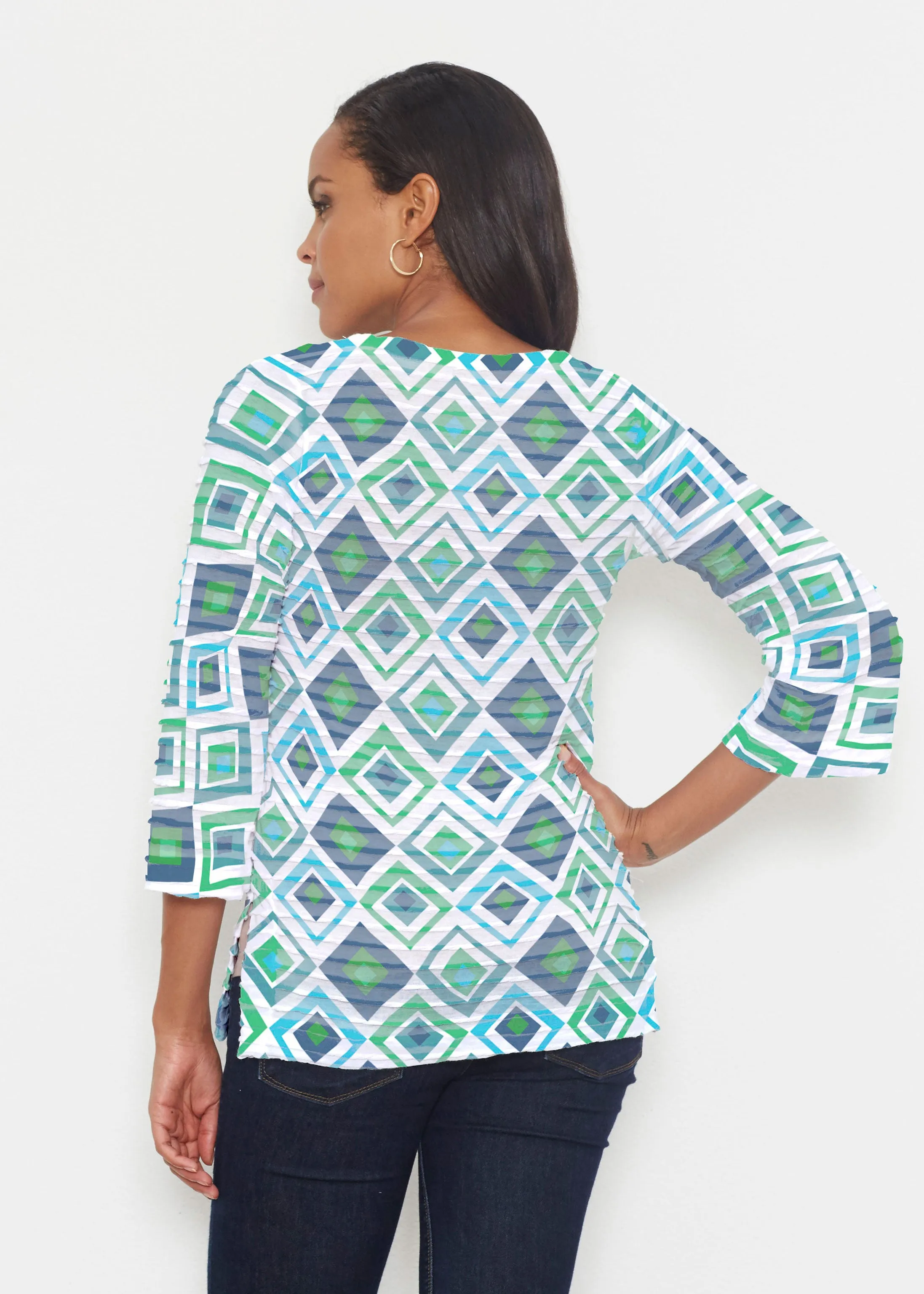 Cubed Blue (7807) ~ Banded 3/4 Bell-Sleeve V-Neck Tunic