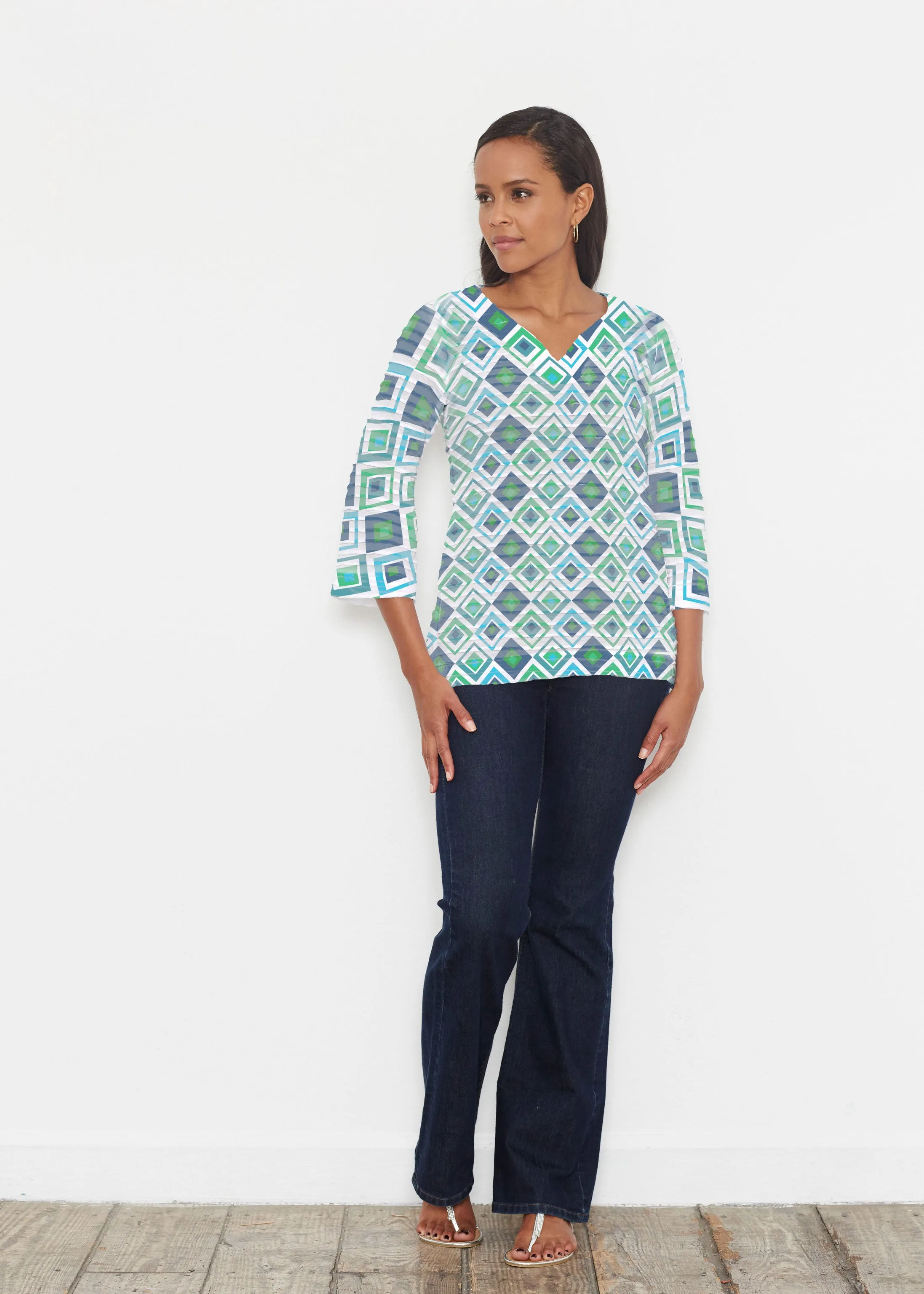 Cubed Blue (7807) ~ Banded 3/4 Bell-Sleeve V-Neck Tunic