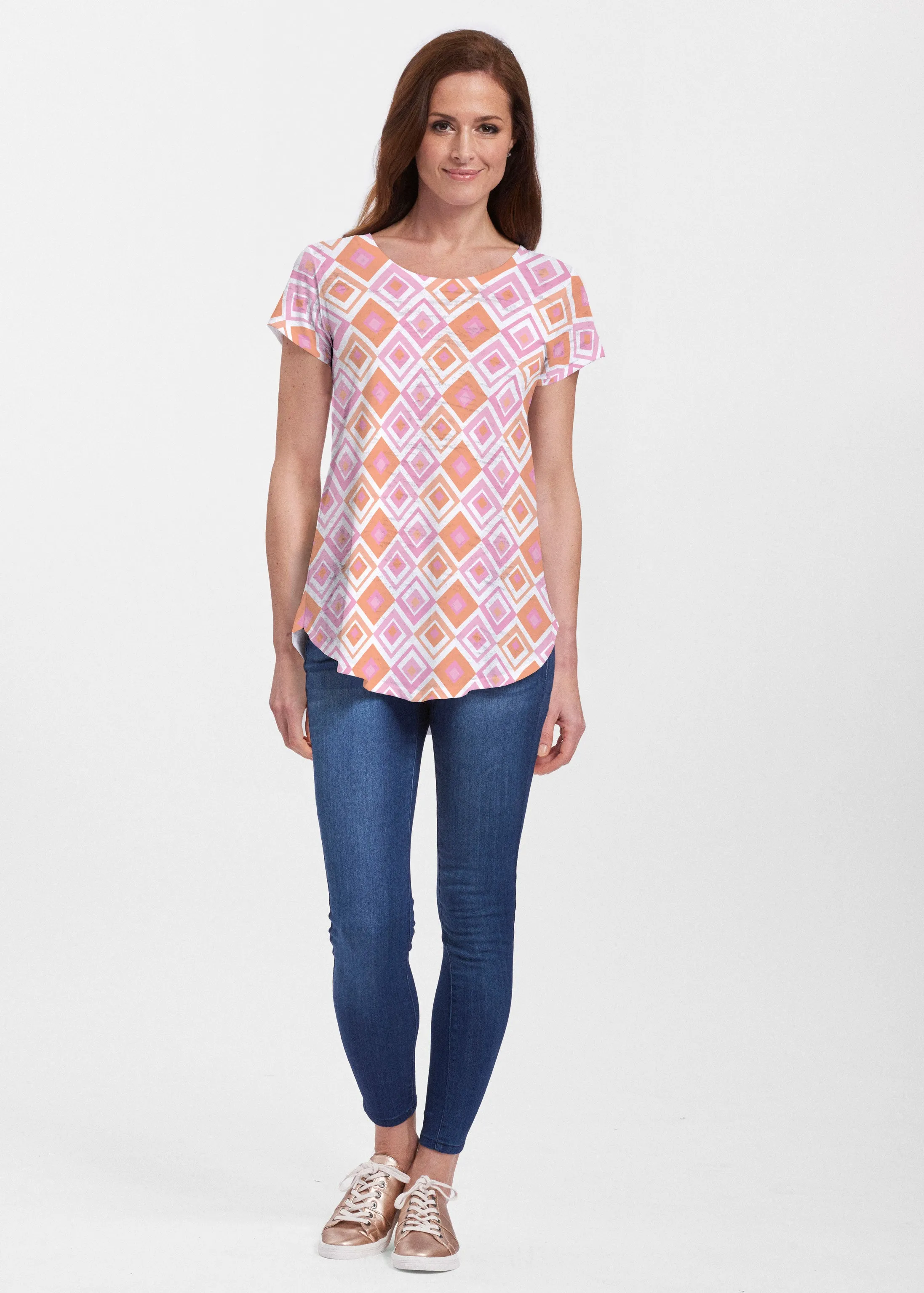 Cubed Pink (7809) ~ Signature Short Sleeve Scoop Neck Flowy Tunic