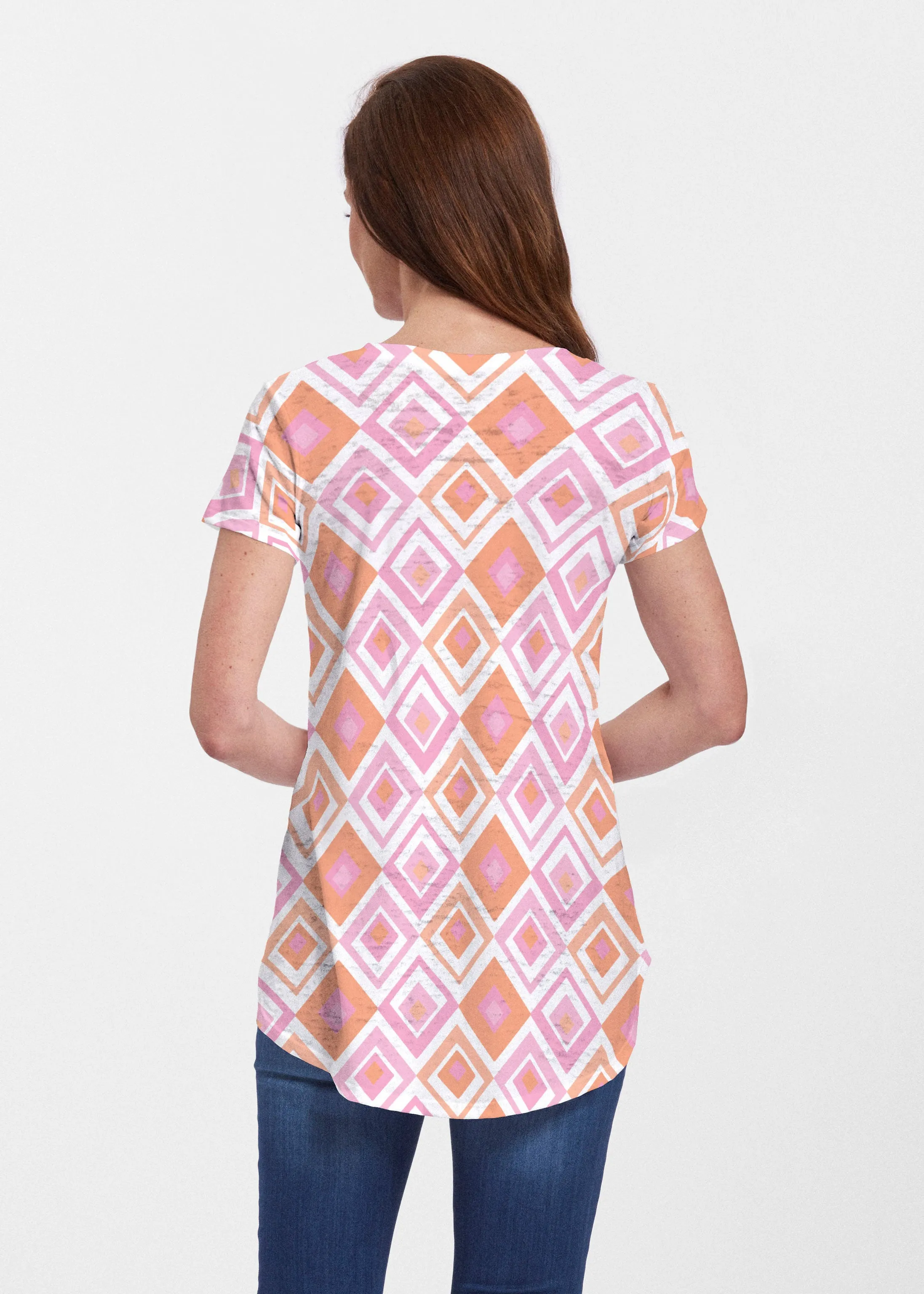 Cubed Pink (7809) ~ Signature Short Sleeve Scoop Neck Flowy Tunic