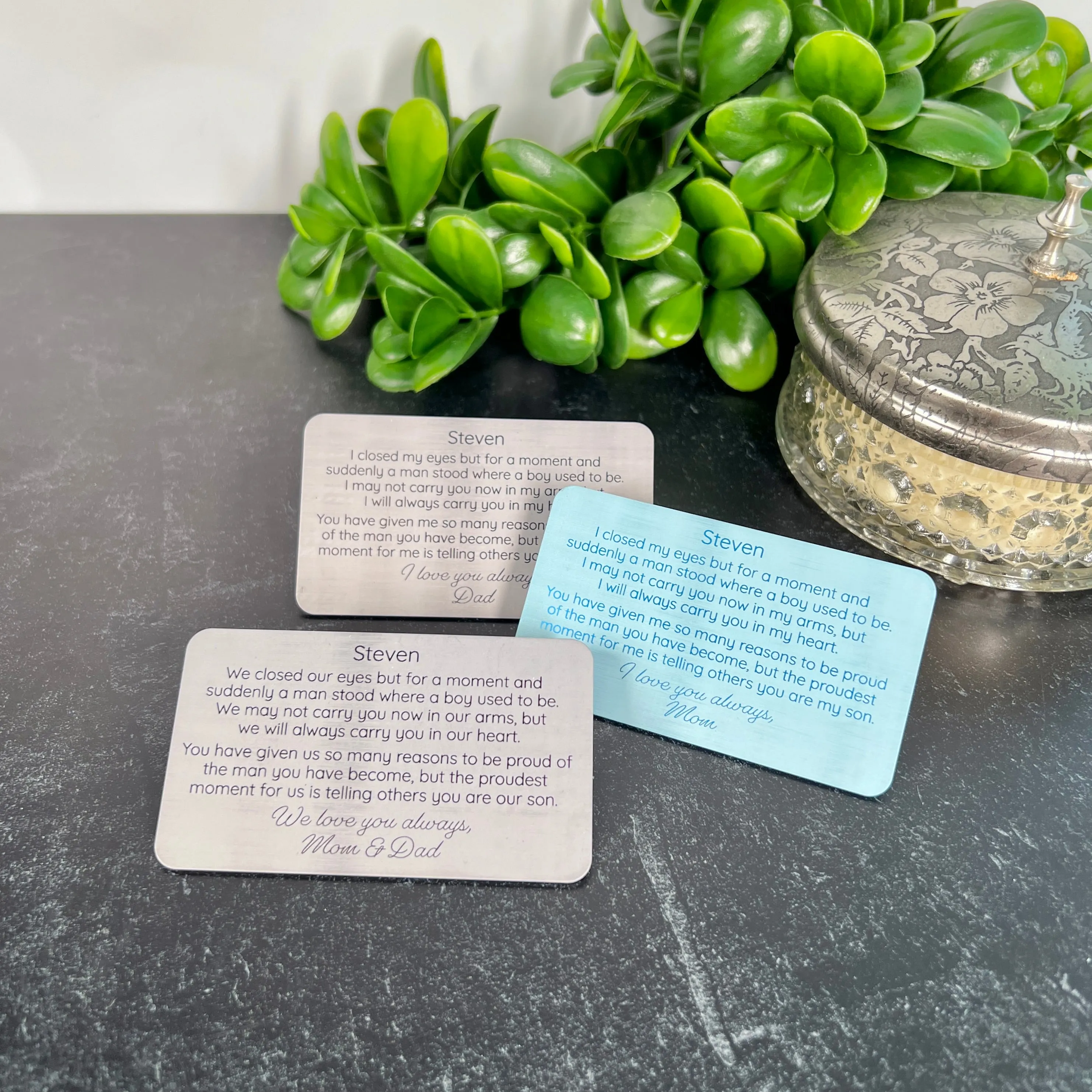 Custom Engraved Metal Wallet Card for Son – Personalized Keepsake Gift with Leather Gift Pouch