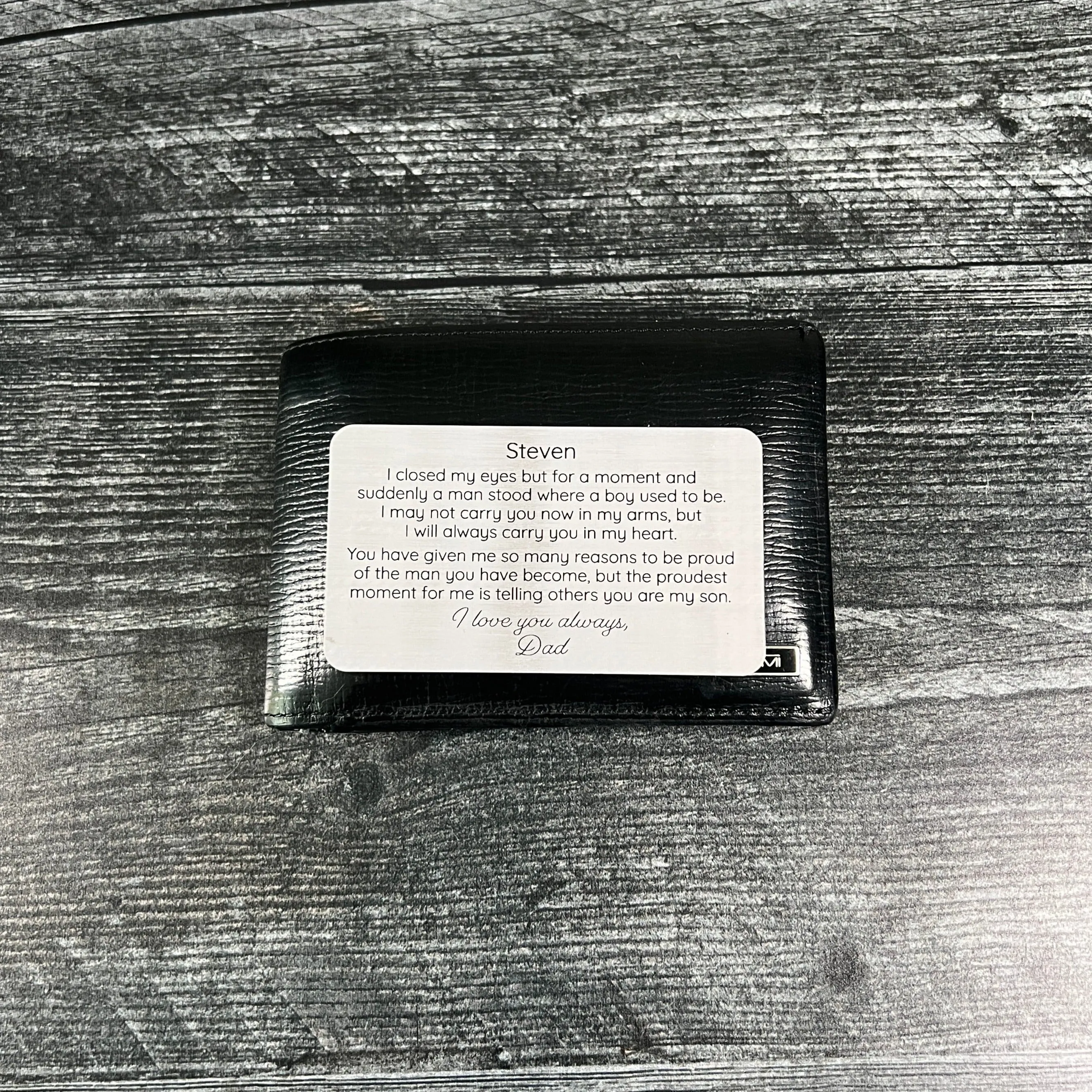 Custom Engraved Metal Wallet Card for Son – Personalized Keepsake Gift with Leather Gift Pouch