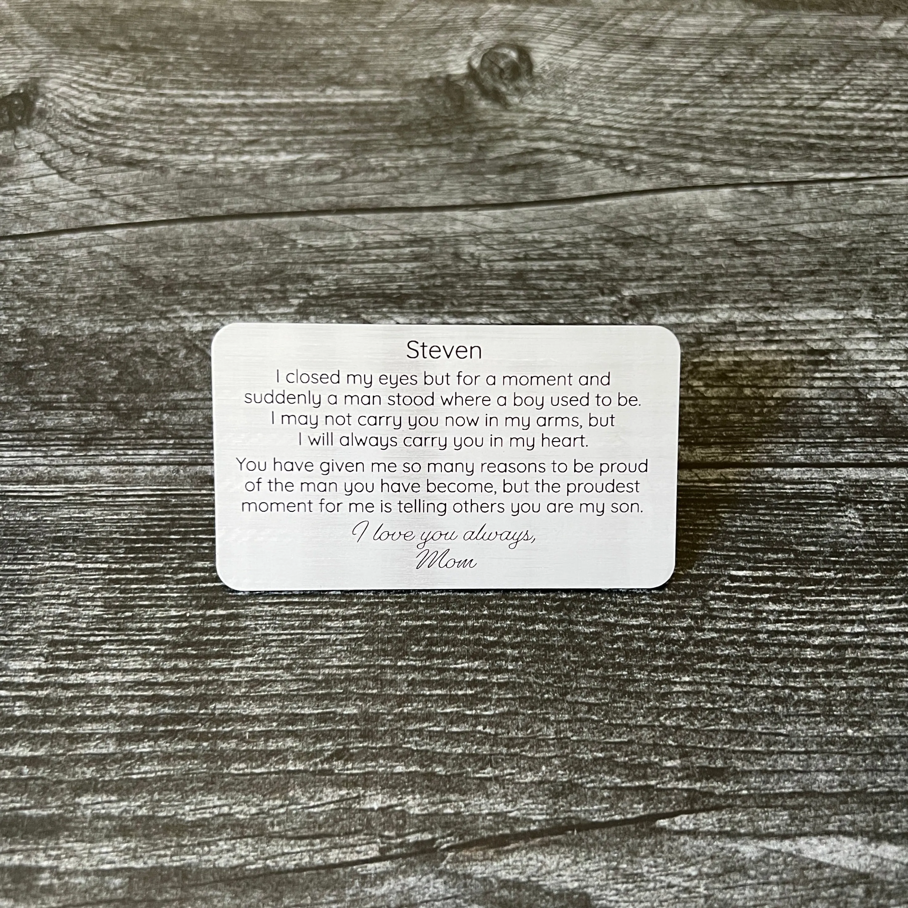 Custom Engraved Metal Wallet Card for Son – Personalized Keepsake Gift with Leather Gift Pouch