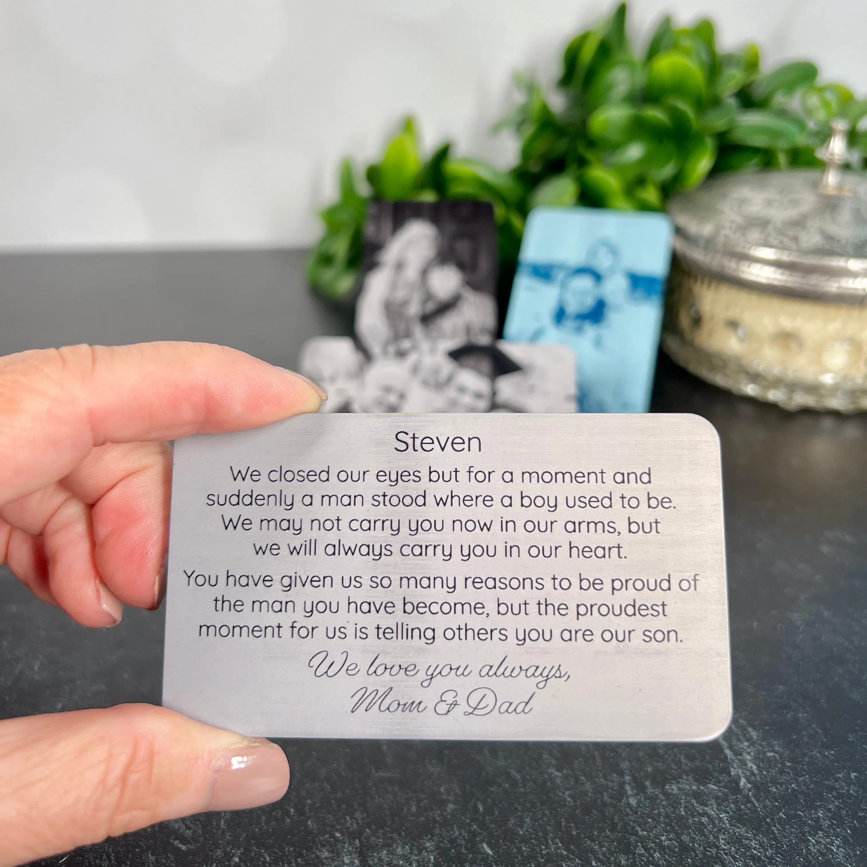 Custom Engraved Metal Wallet Card for Son – Personalized Keepsake Gift with Leather Gift Pouch