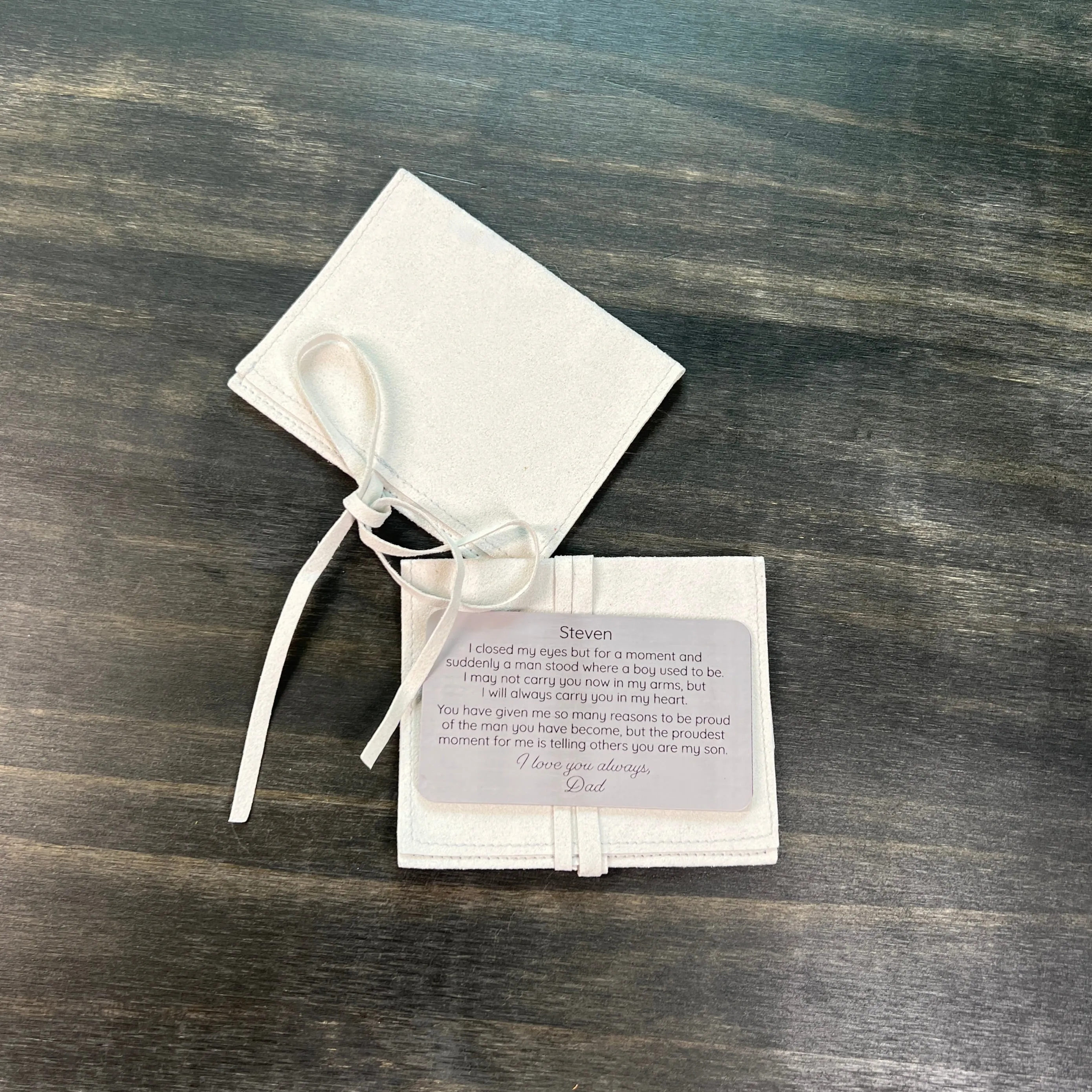 Custom Engraved Metal Wallet Card for Son – Personalized Keepsake Gift with Leather Gift Pouch