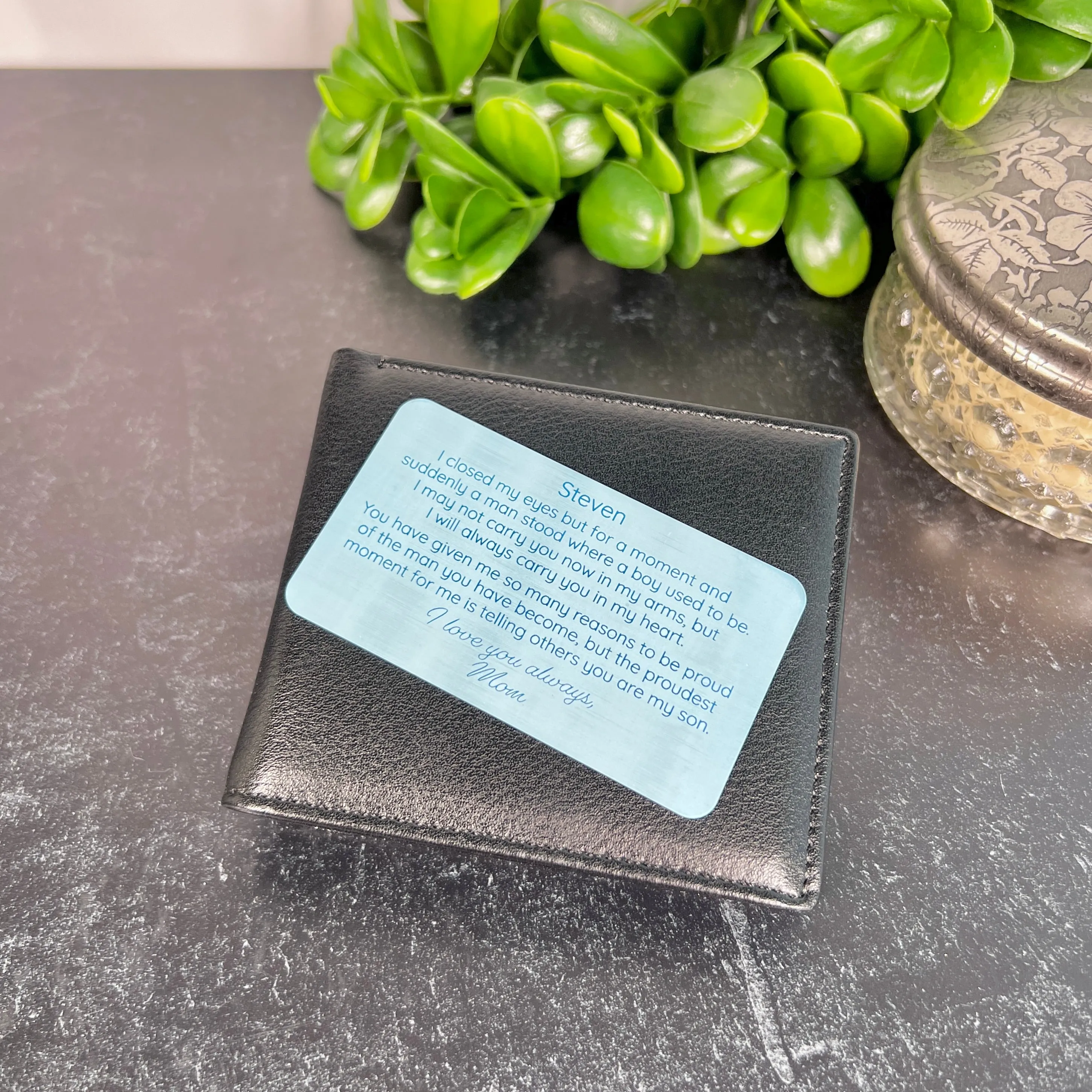 Custom Engraved Metal Wallet Card for Son – Personalized Keepsake Gift with Leather Gift Pouch
