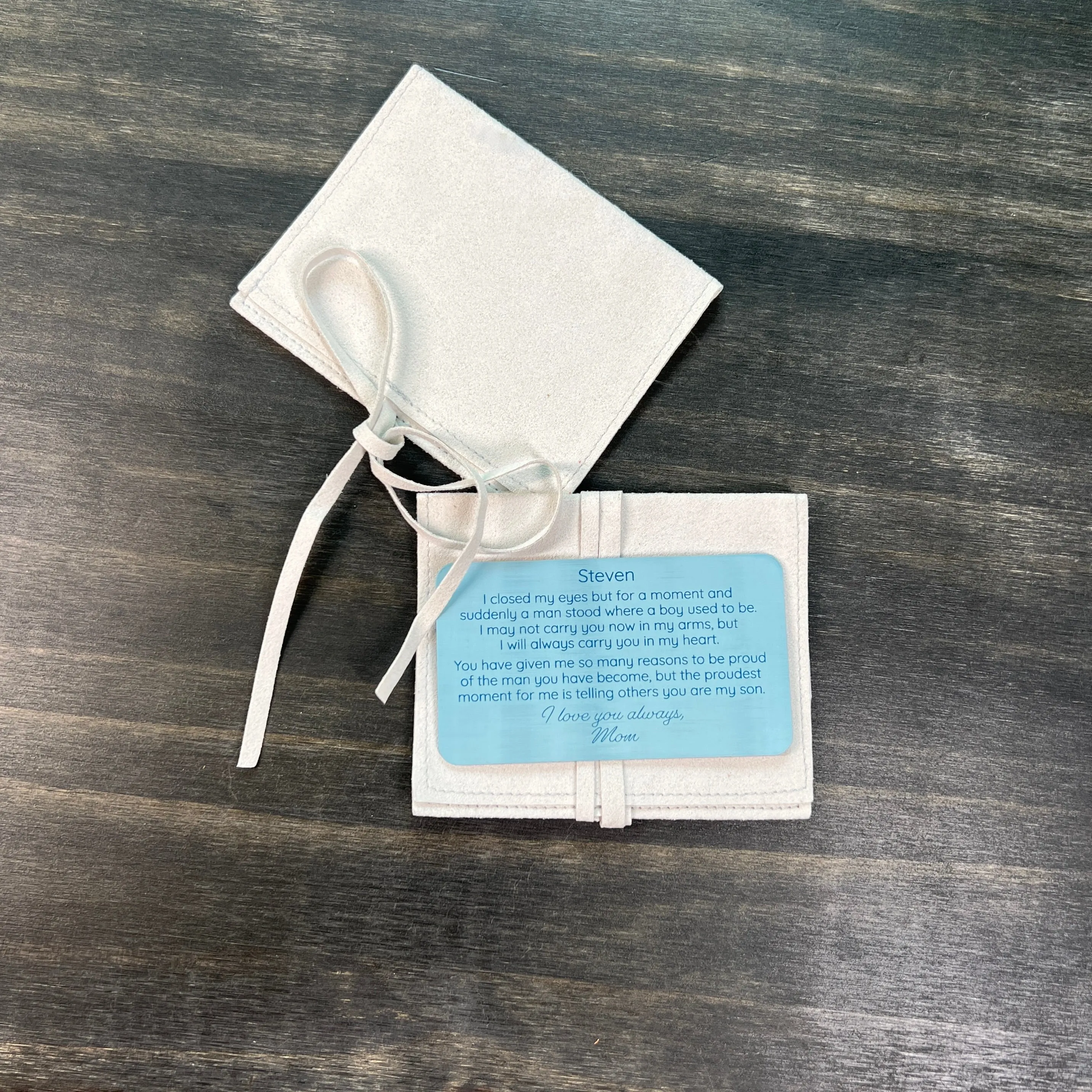 Custom Engraved Metal Wallet Card for Son – Personalized Keepsake Gift with Leather Gift Pouch