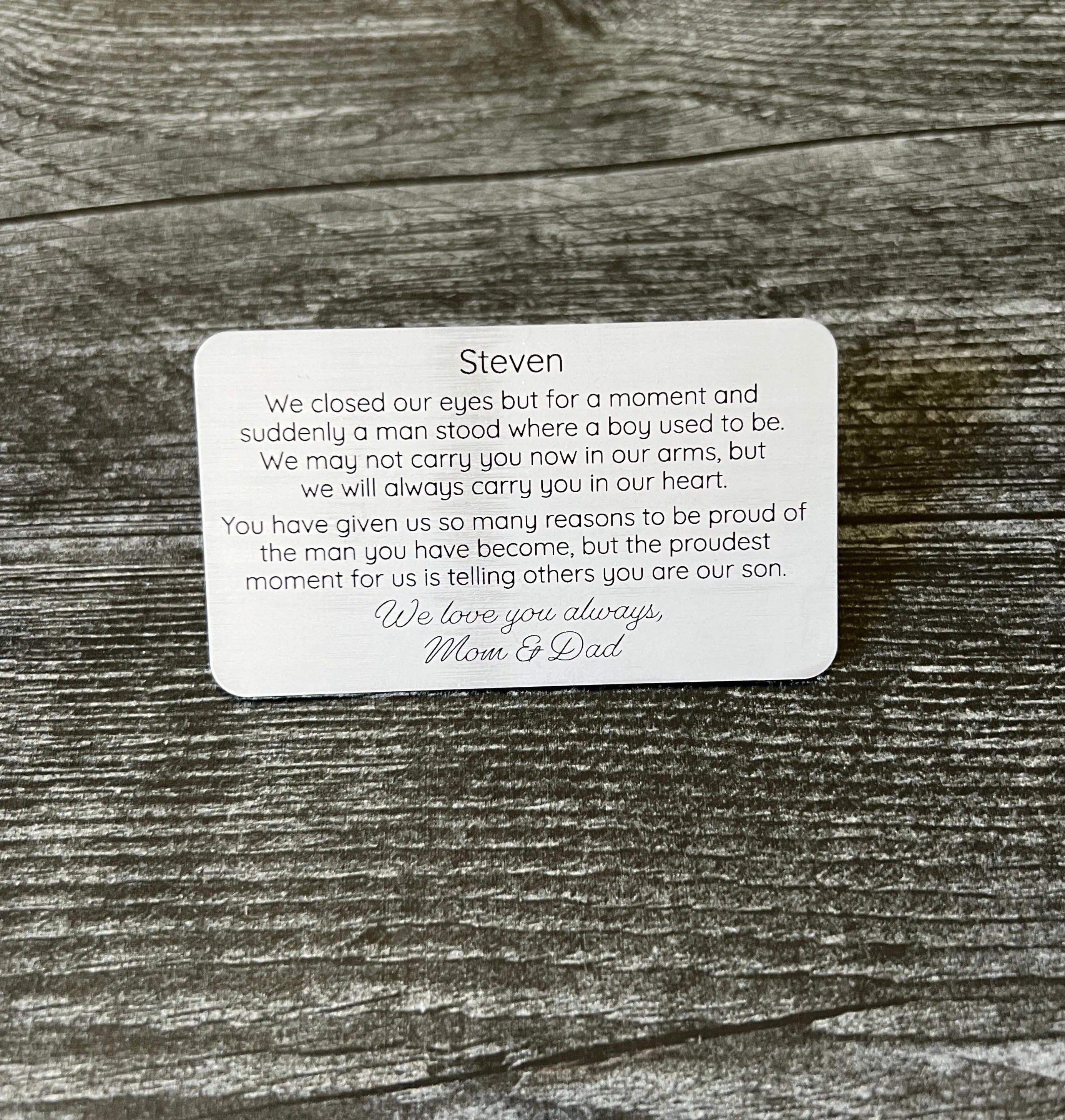 Custom Engraved Metal Wallet Card for Son – Personalized Keepsake Gift with Leather Gift Pouch