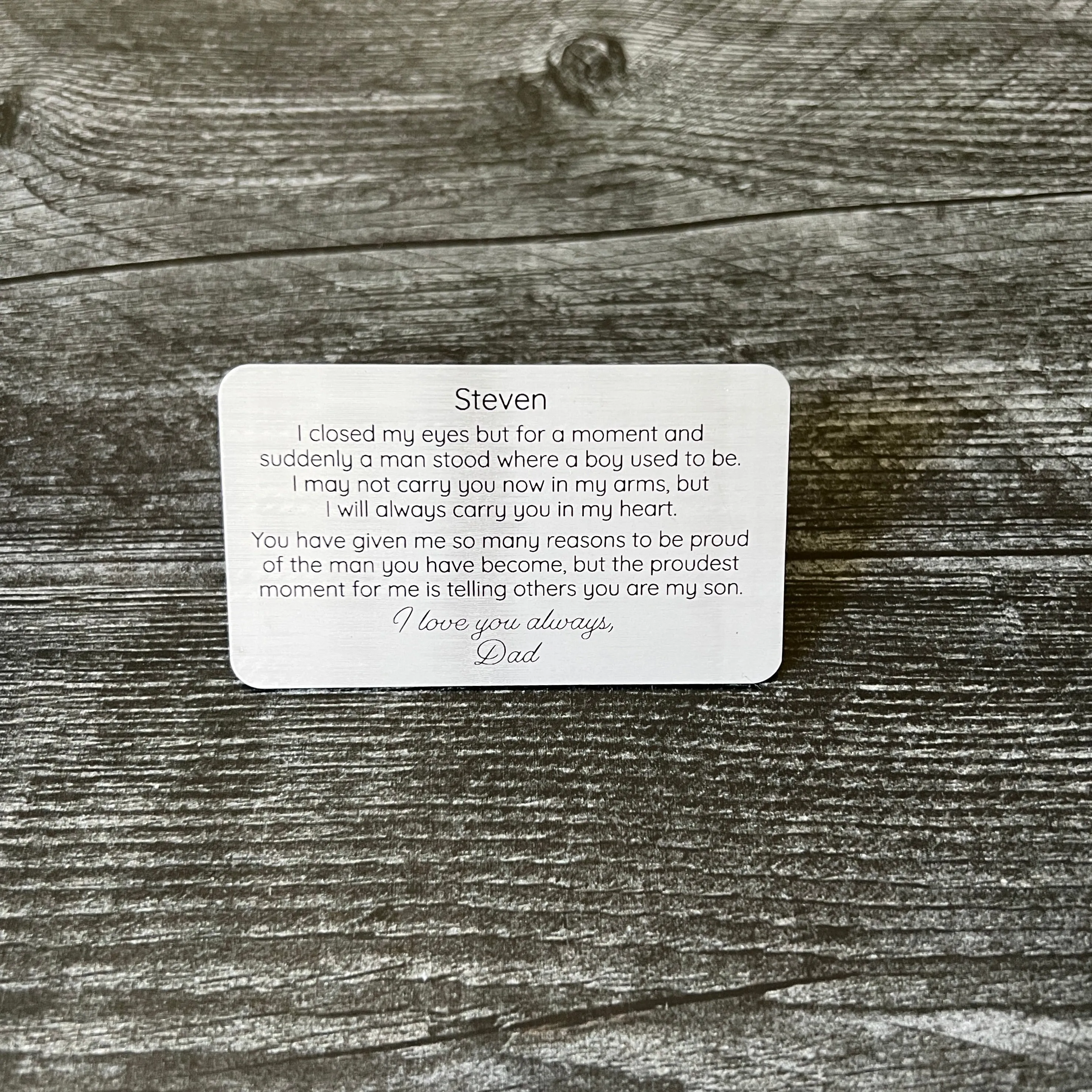 Custom Engraved Metal Wallet Card for Son – Personalized Keepsake Gift with Leather Gift Pouch