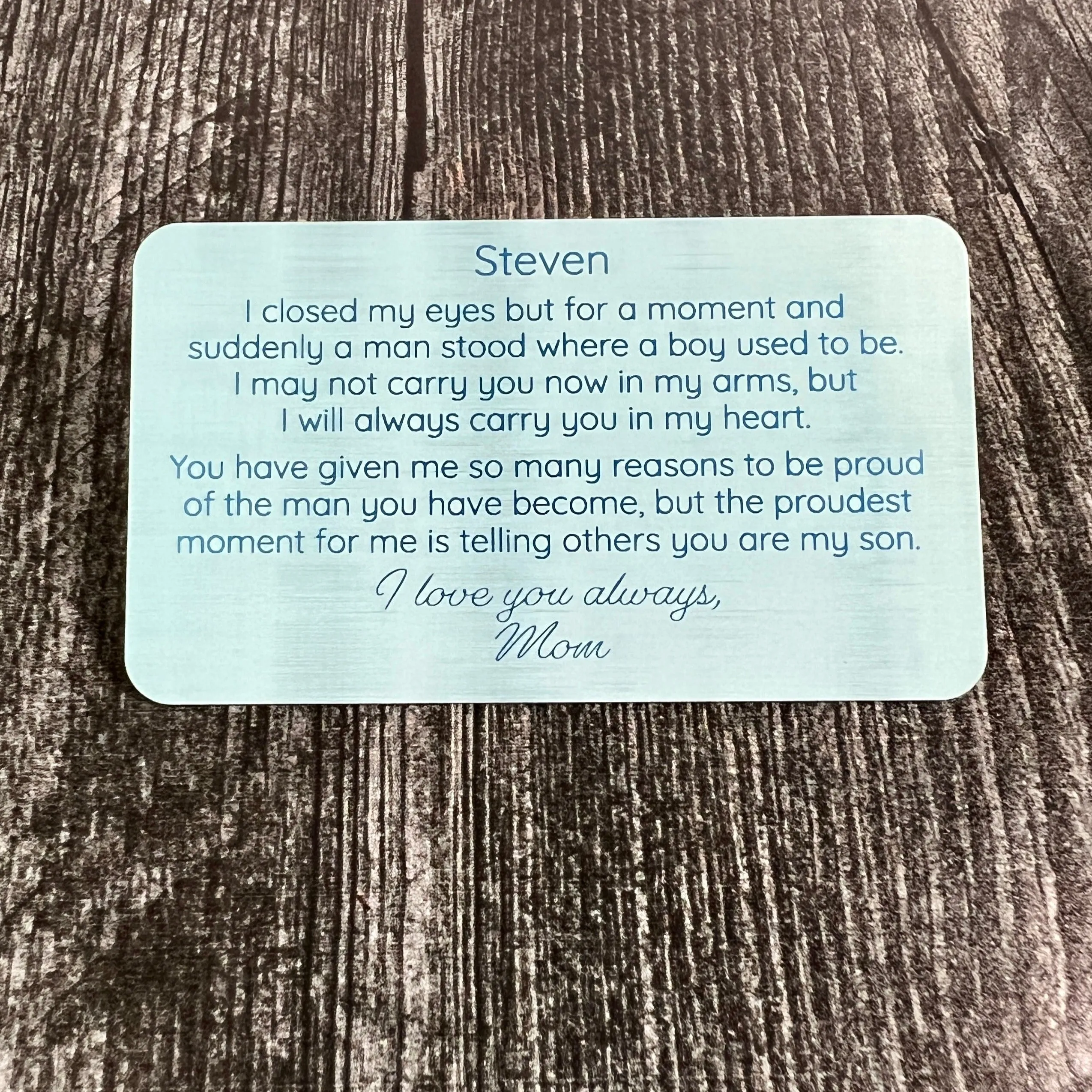 Custom Engraved Metal Wallet Card for Son – Personalized Keepsake Gift with Leather Gift Pouch