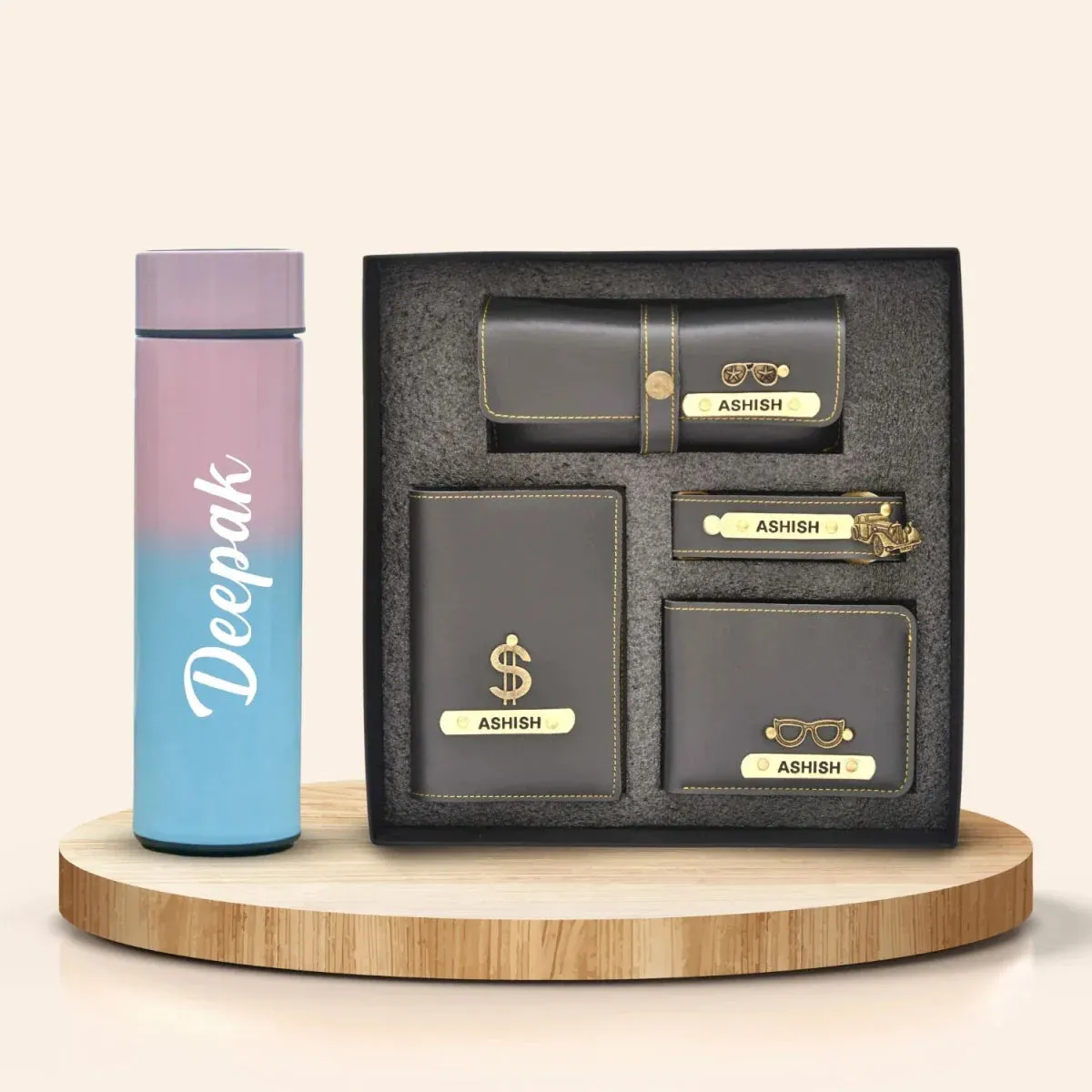 Customized Bottle with Temperature display - Pastel Shade 1 & All in One Men's Combo (4 pcs) - Grey