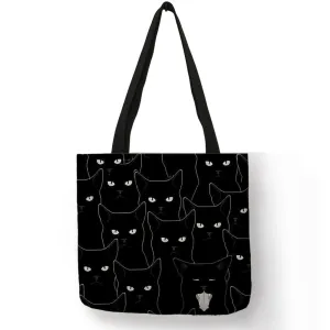 Cute Black Cat Print Linen Foldable Tote Bag