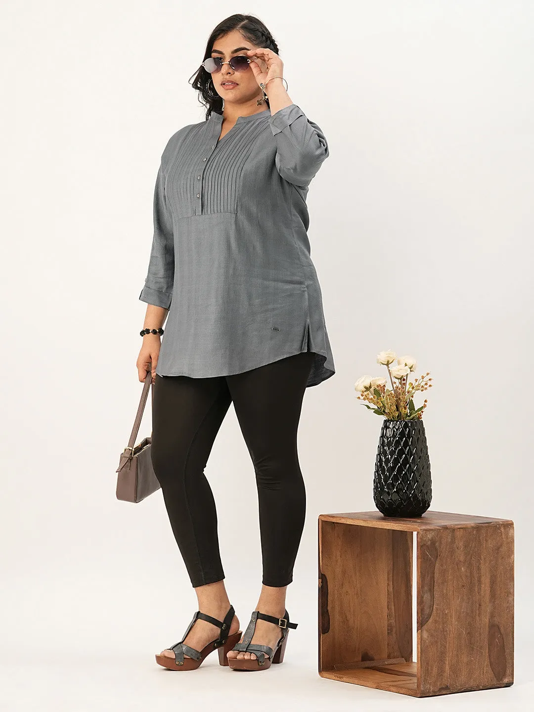 DarkGrey Comfort Fit Rayon Tunics for Women Online Hip Length Straight - Zola