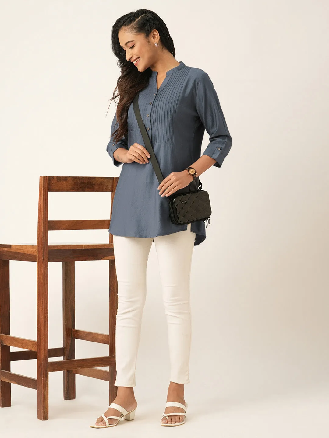 DarkGrey Comfort Fit Rayon Tunics for Women Online Hip Length Straight - Zola