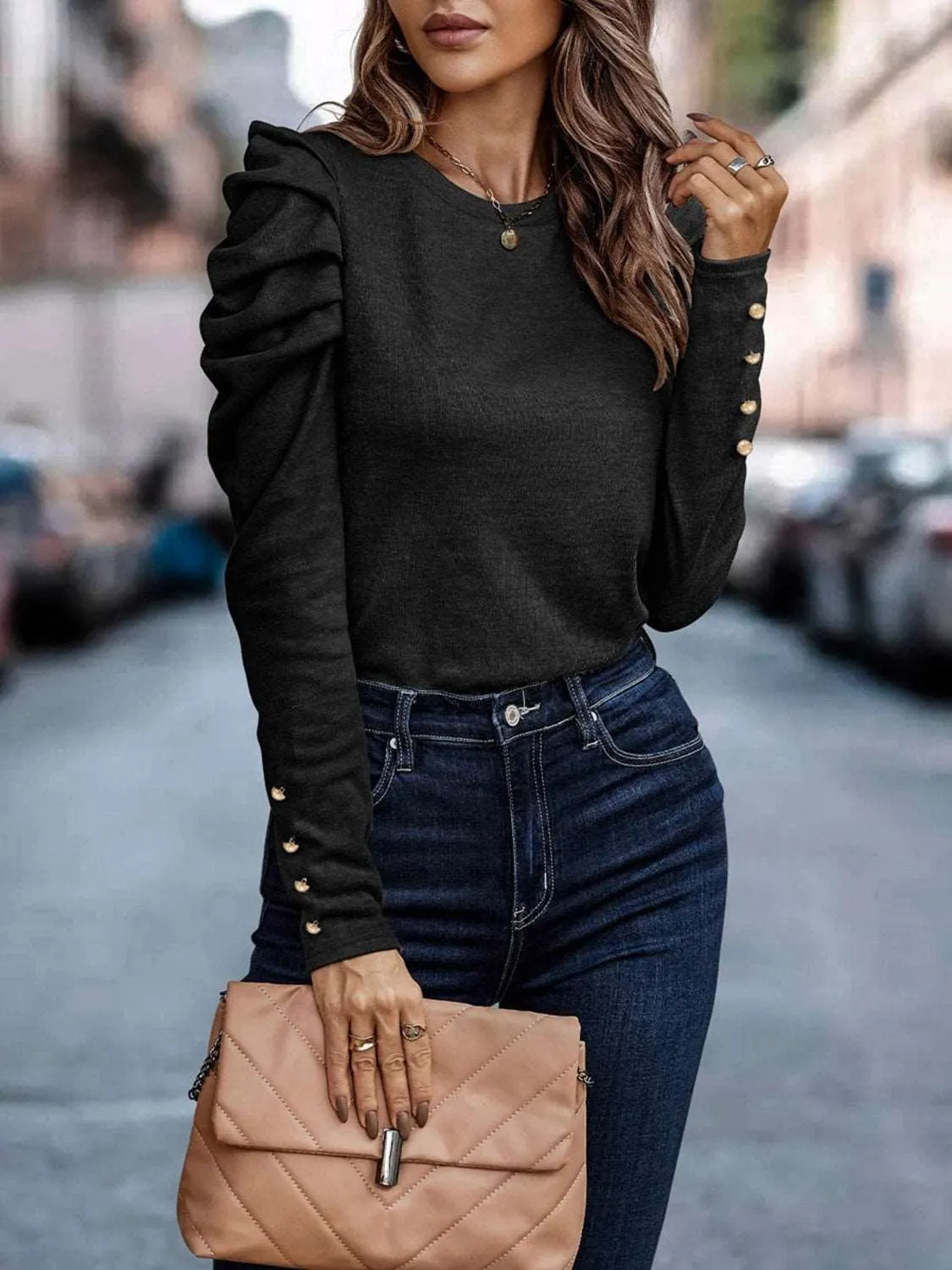 Decorative Button Puff Sleeve Top (5 Colors)