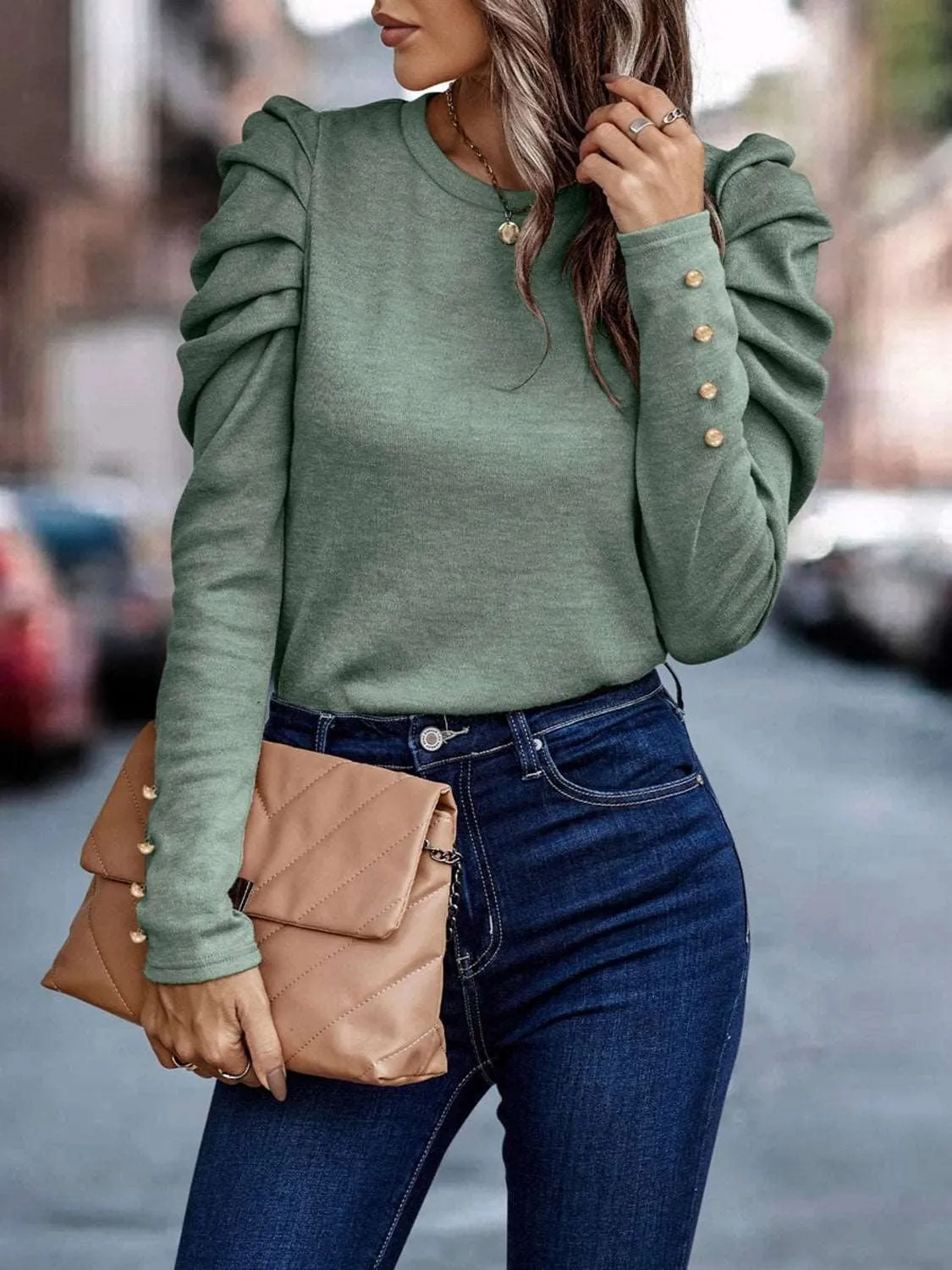 Decorative Button Puff Sleeve Top (5 Colors)