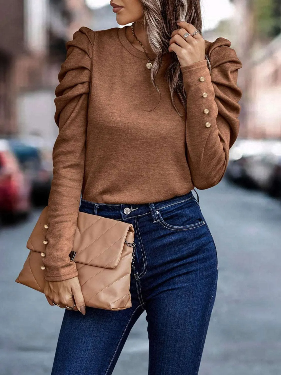 Decorative Button Puff Sleeve Top (5 Colors)