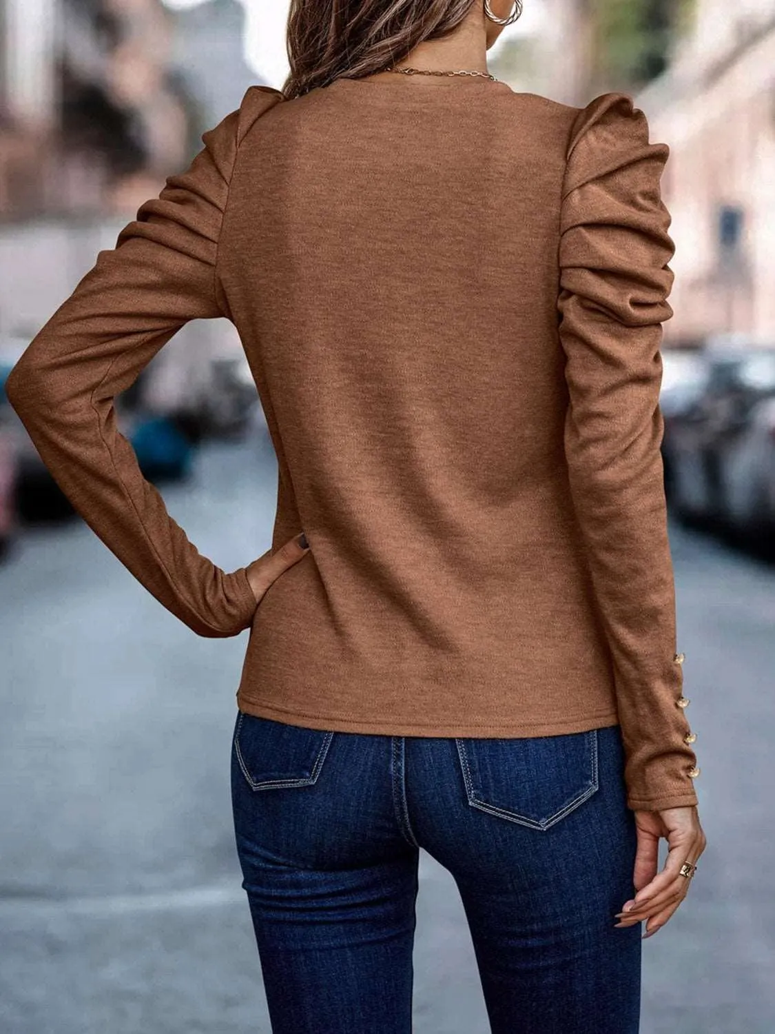 Decorative Button Puff Sleeve Top (5 Colors)