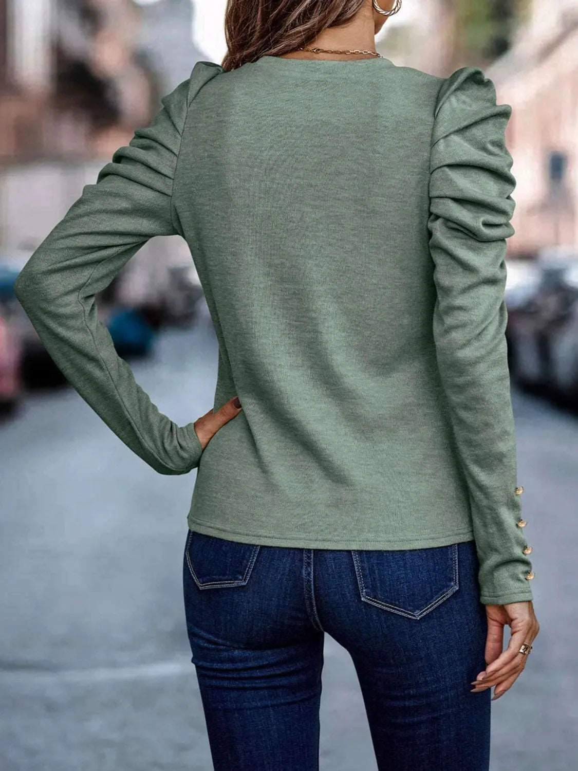 Decorative Button Puff Sleeve Top (5 Colors)
