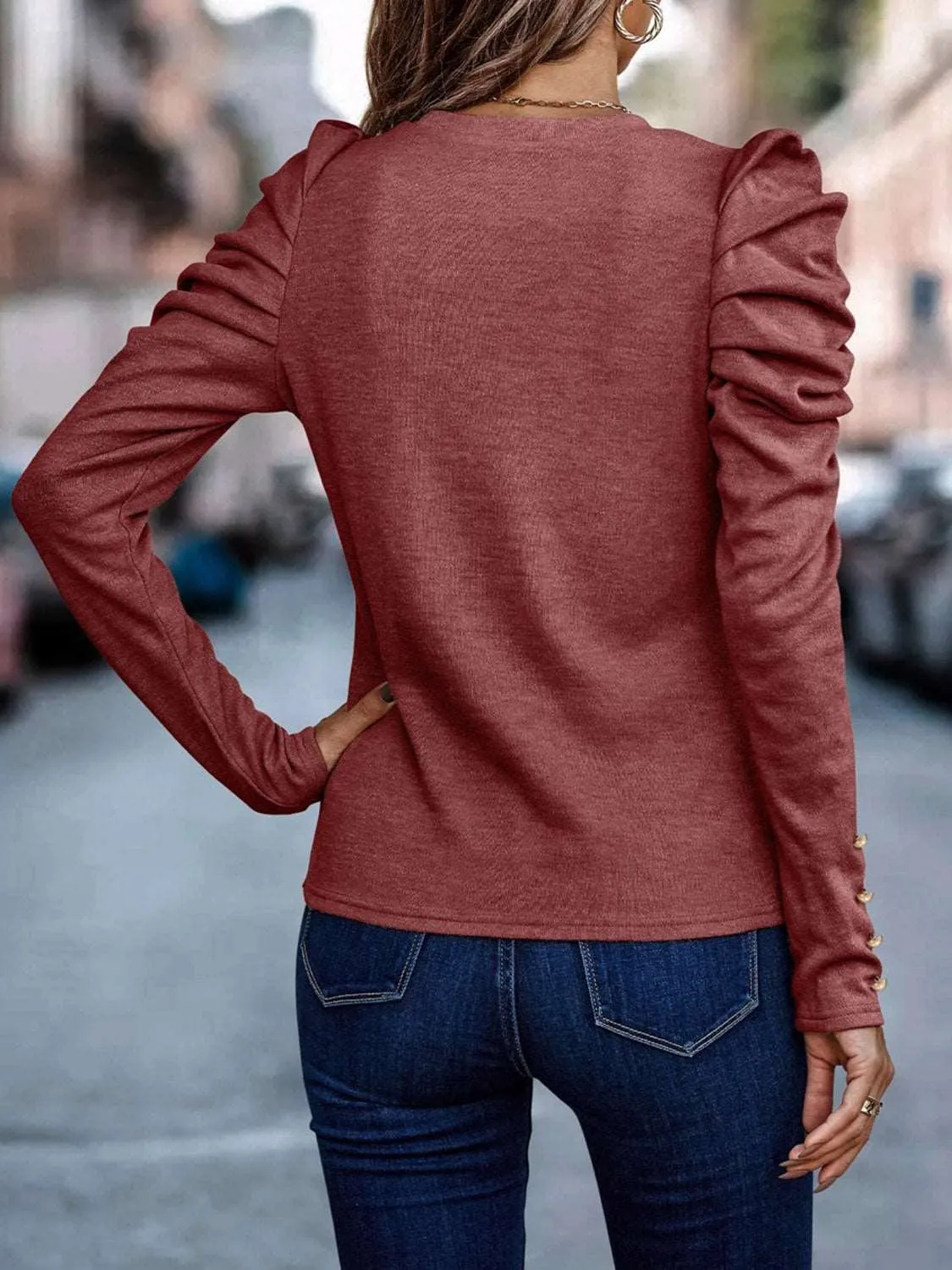 Decorative Button Puff Sleeve Top (5 Colors)