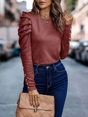 Decorative Button Puff Sleeve Top (5 Colors)