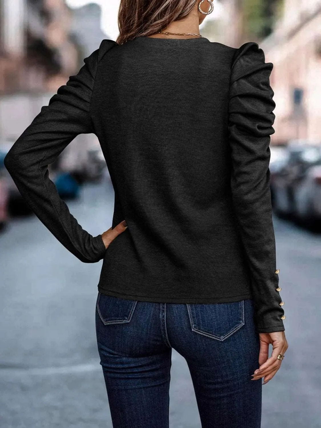 Decorative Button Puff Sleeve Top (5 Colors)