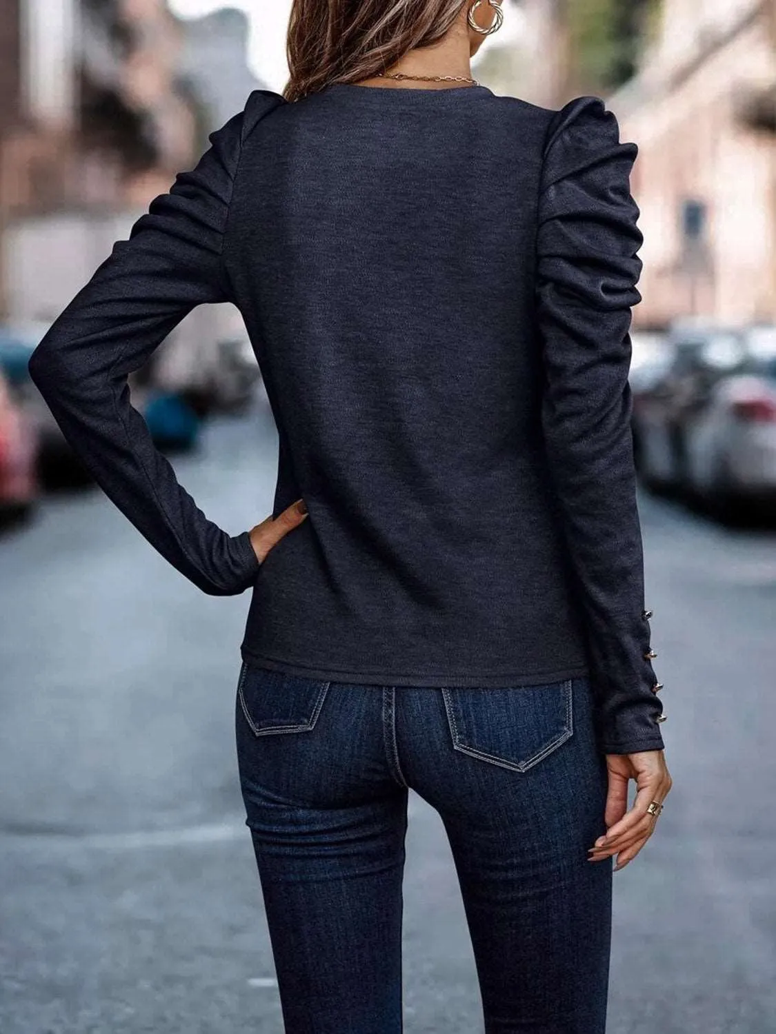 Decorative Button Puff Sleeve Top (5 Colors)