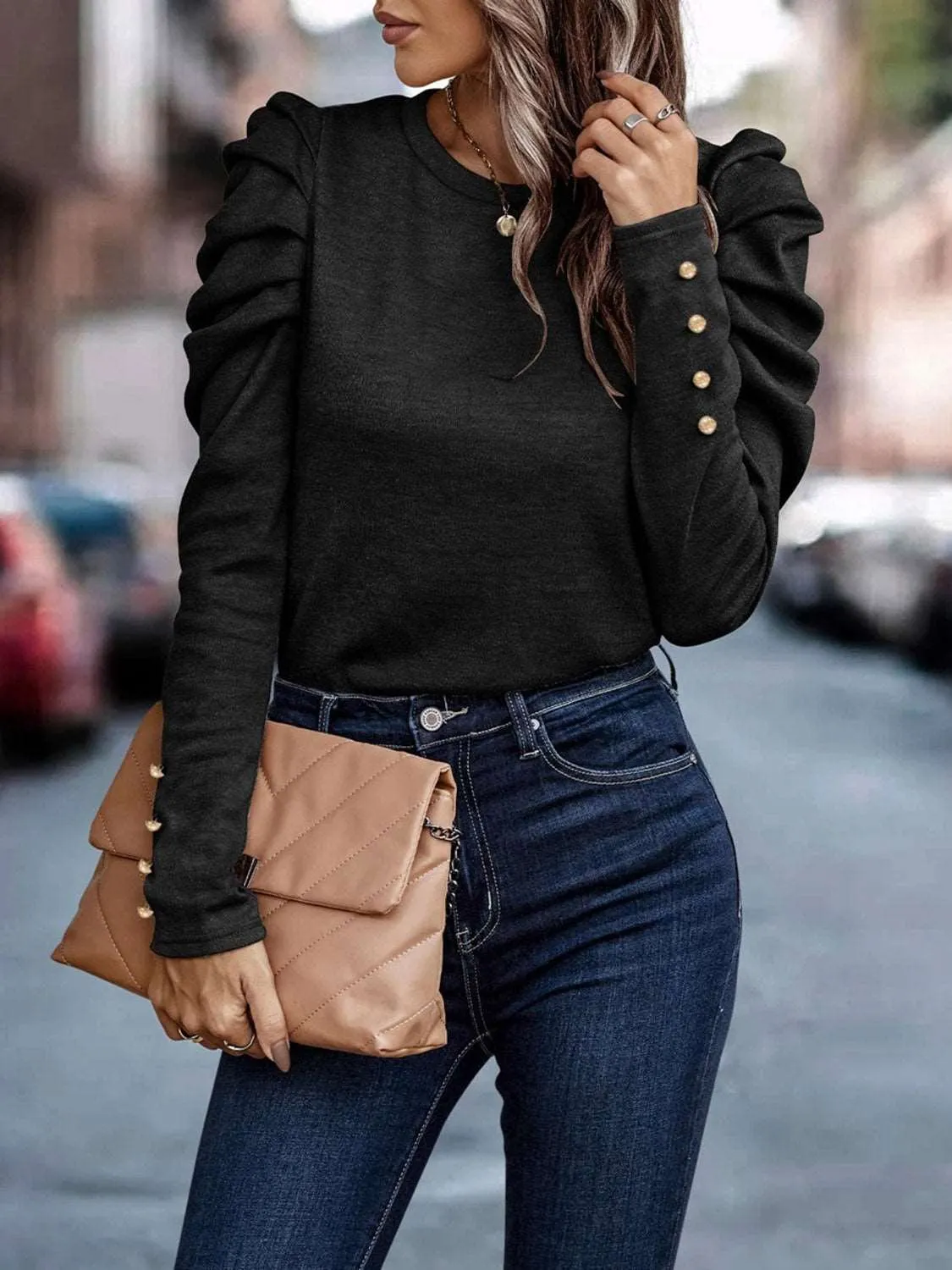 Decorative Button Puff Sleeve Top (5 Colors)