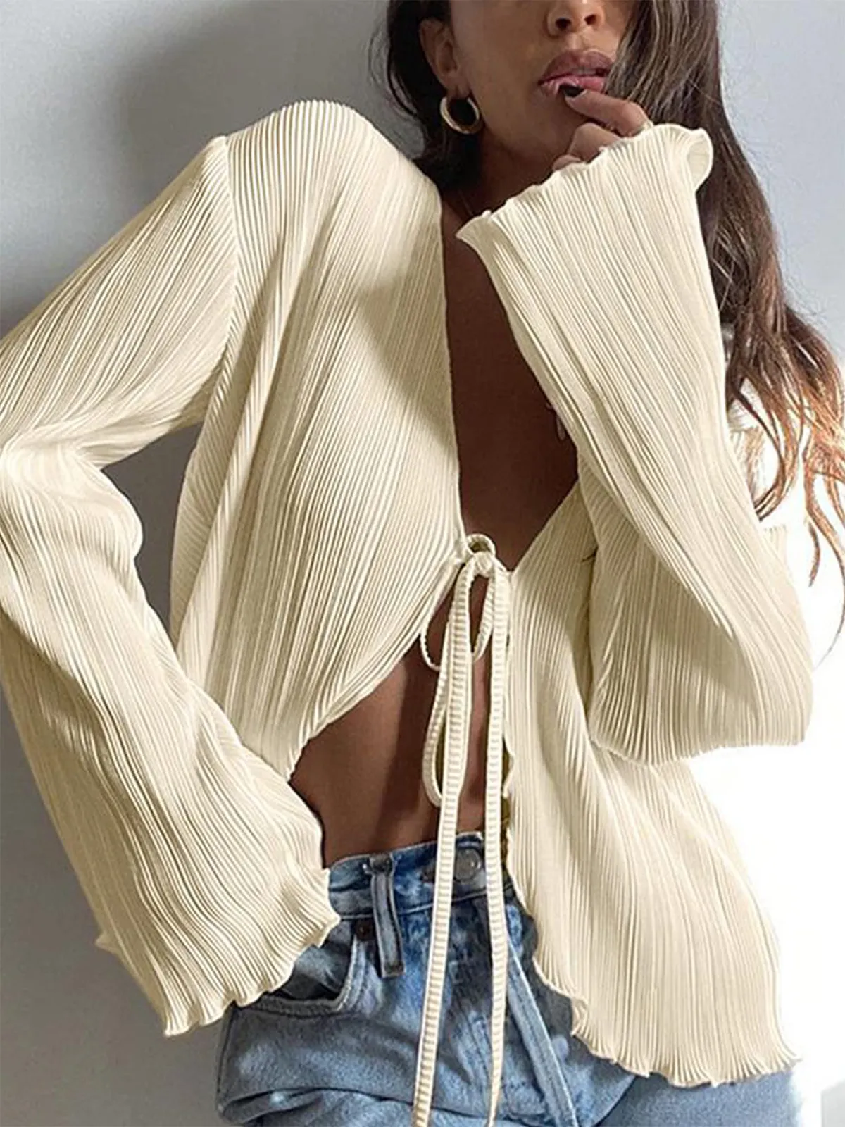 Deep V Neck Tie Front Top