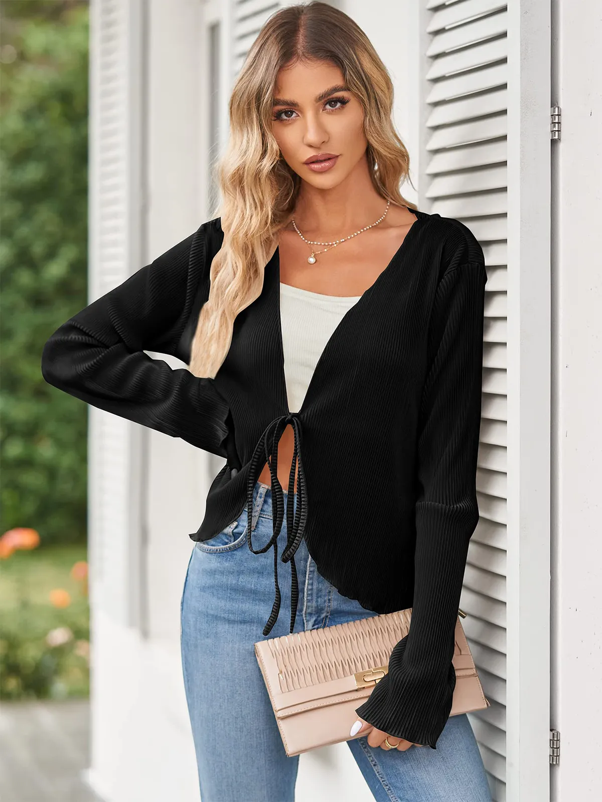 Deep V Neck Tie Front Top