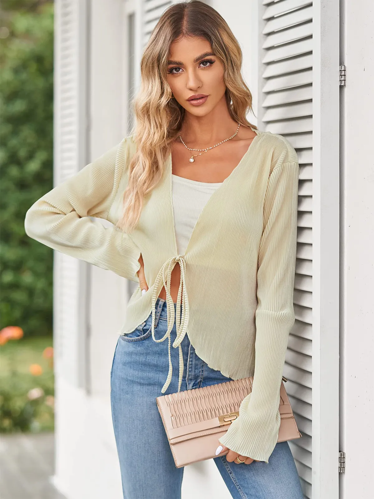 Deep V Neck Tie Front Top