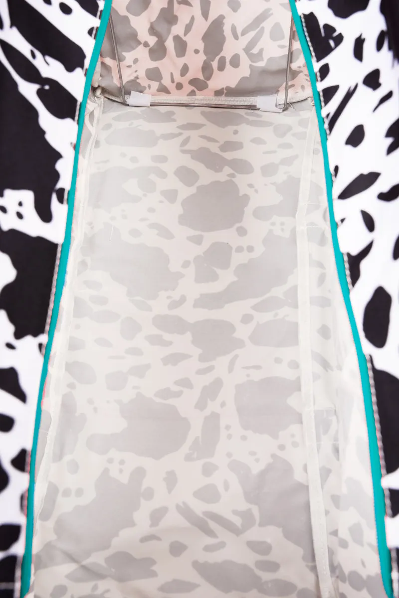 Deja Moo with Turquoise Trim Collapsible Double Haul-It-All Basket with Mesh Pockets and Lid