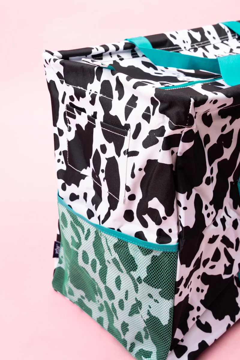 Deja Moo with Turquoise Trim Collapsible Double Haul-It-All Basket with Mesh Pockets and Lid