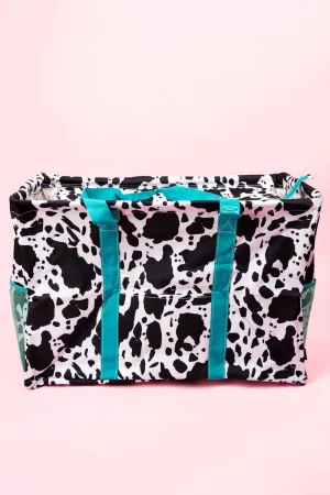 Deja Moo with Turquoise Trim Collapsible Double Haul-It-All Basket with Mesh Pockets and Lid