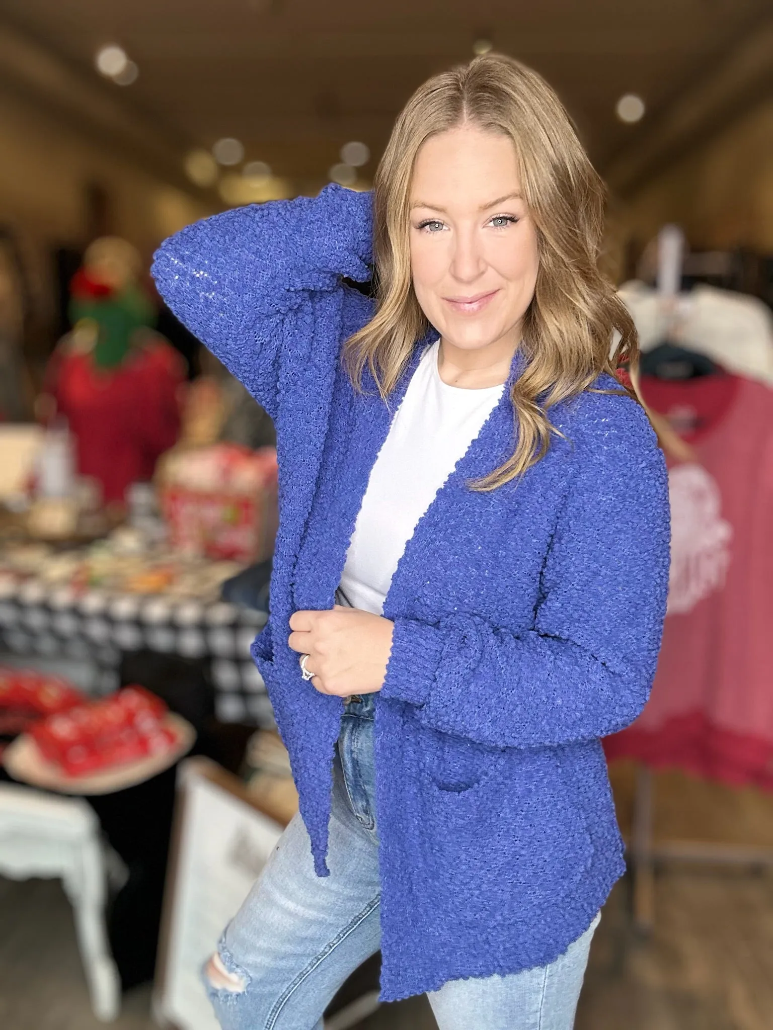Diamond Blue Popcorn Sweater Cardigan