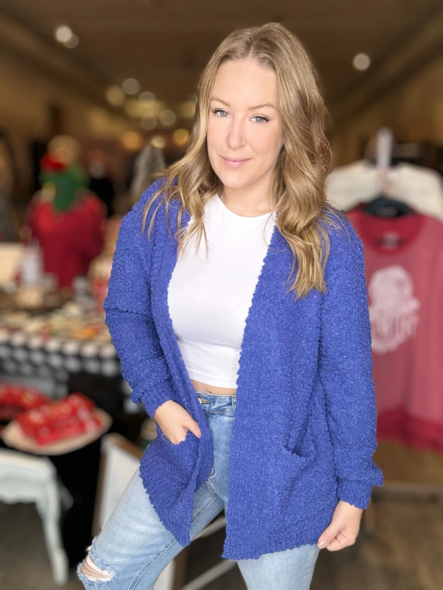 Diamond Blue Popcorn Sweater Cardigan