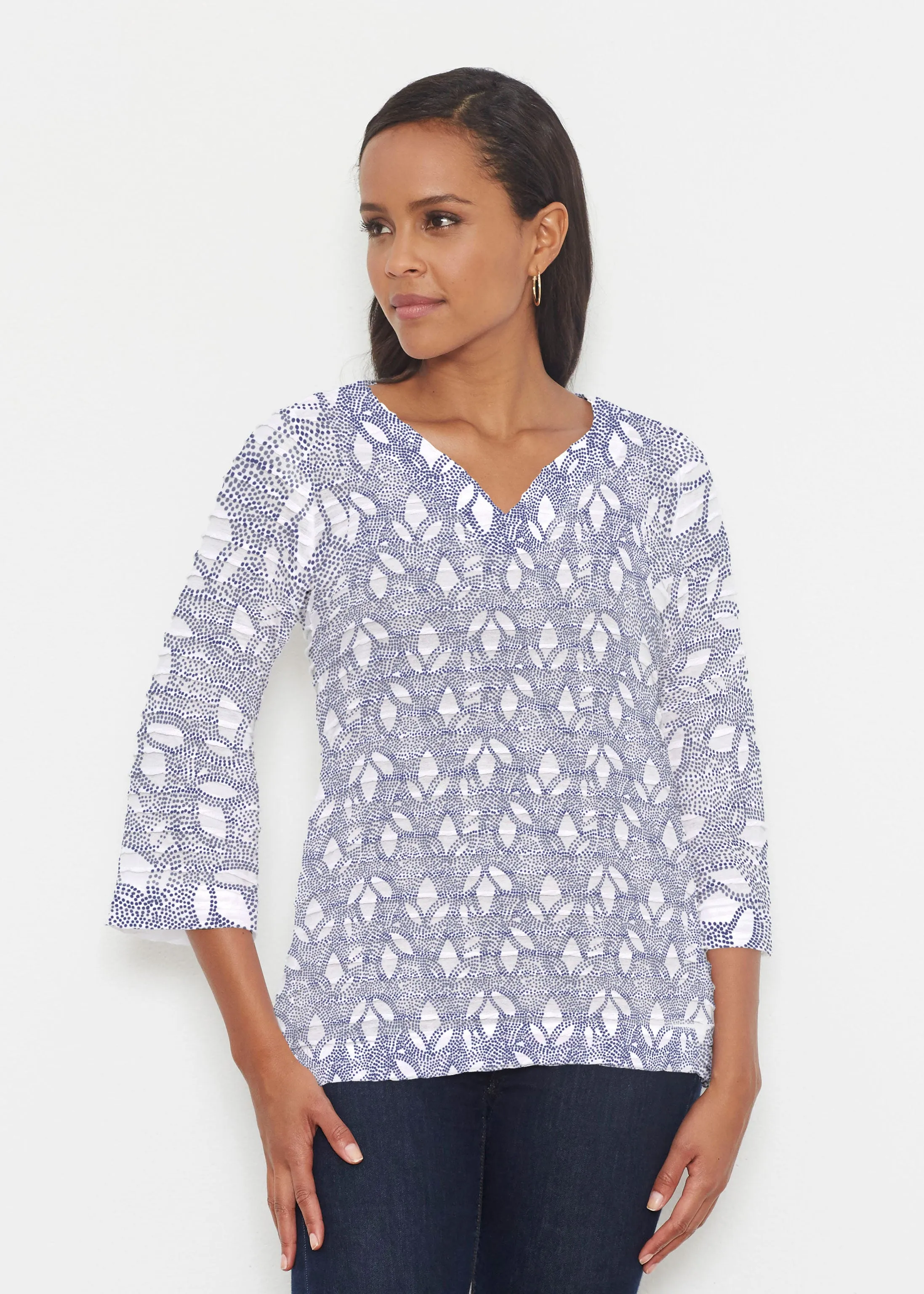 Dottie Combo Navy (7688) ~ Banded 3/4 Bell-Sleeve V-Neck Tunic