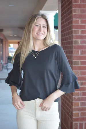Double Sleeve Ruffle Keyhole Back Tee in Black