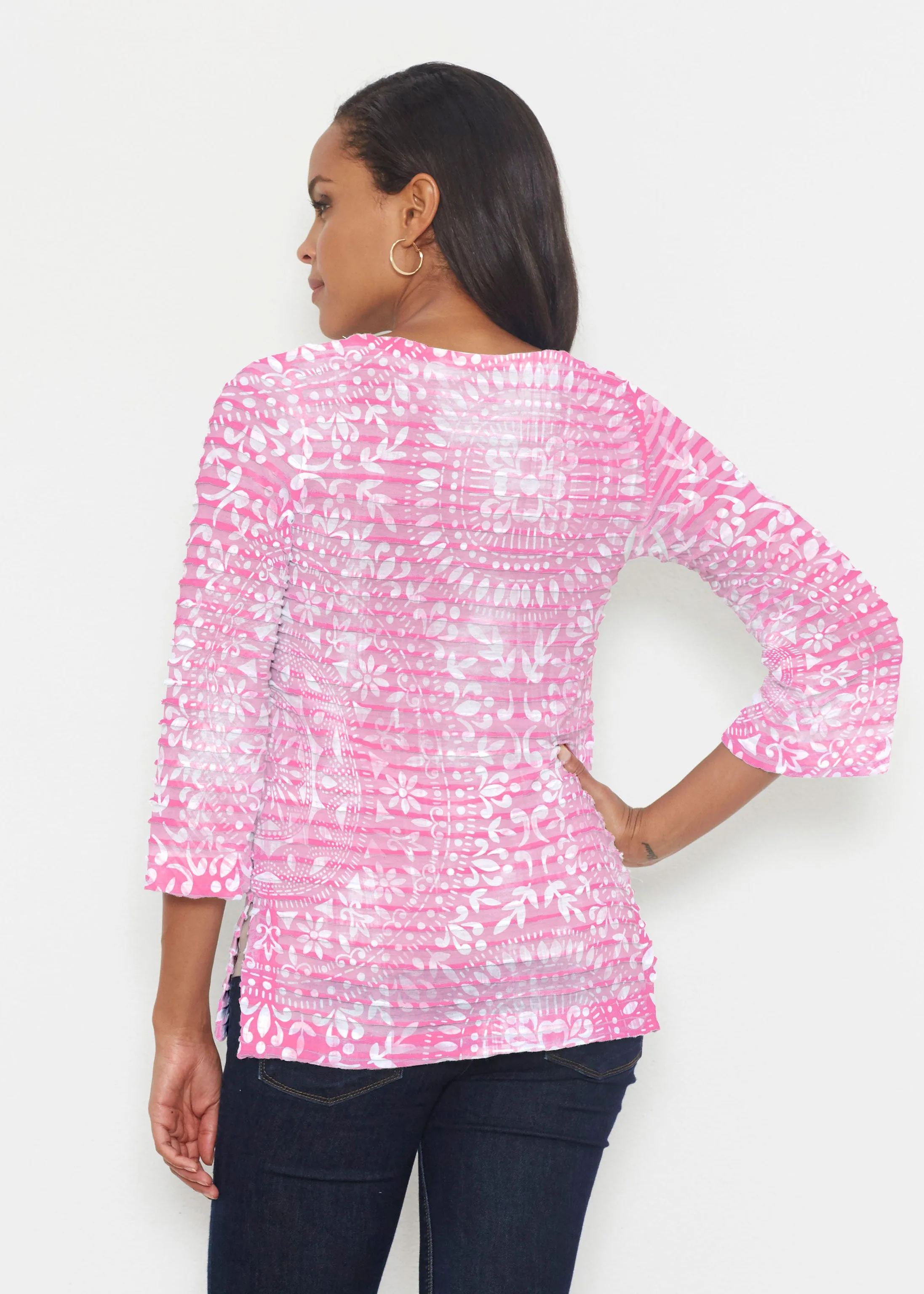 Dual Medallion Pink (13461) ~ Banded 3/4 Bell-Sleeve V-Neck Tunic