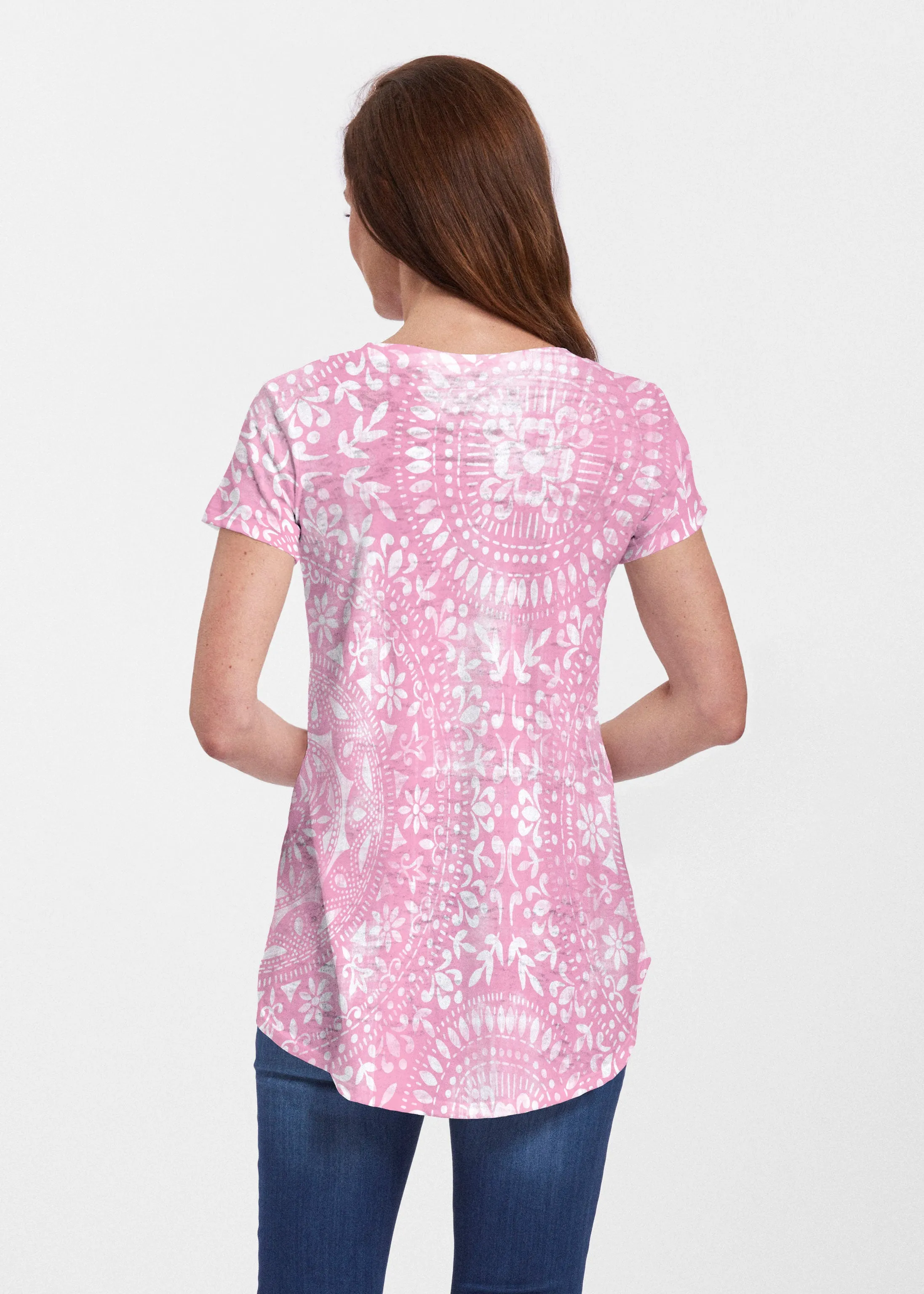 Dual Medallion Pink (13461) ~ Signature Short Sleeve Scoop Neck Flowy Tunic