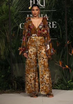 Dusky brown printed top & trousers