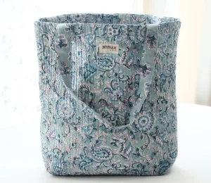 Dusty blue vines garden floral print tote bag-Small