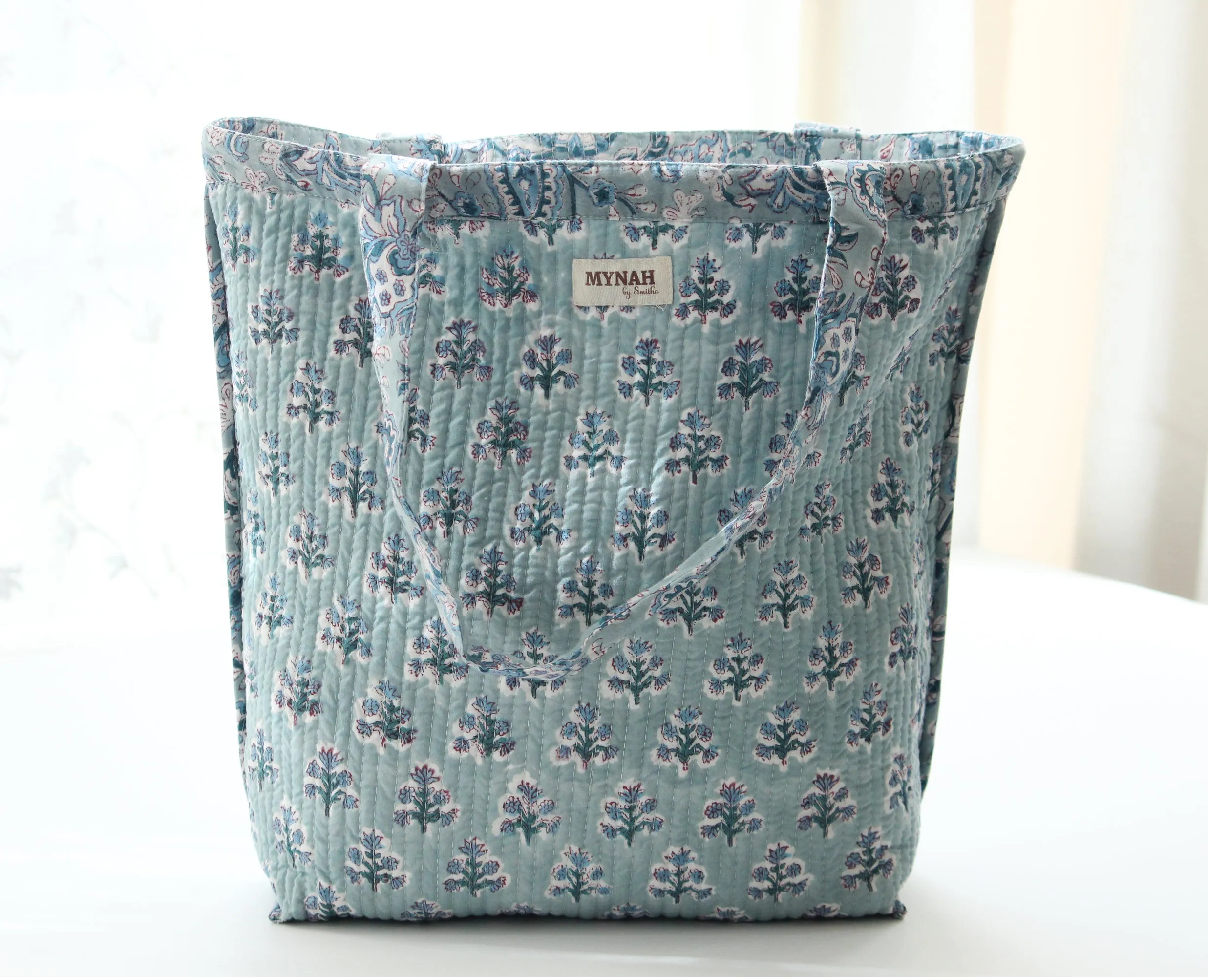 Dusty blue vines garden floral print tote bag-Small