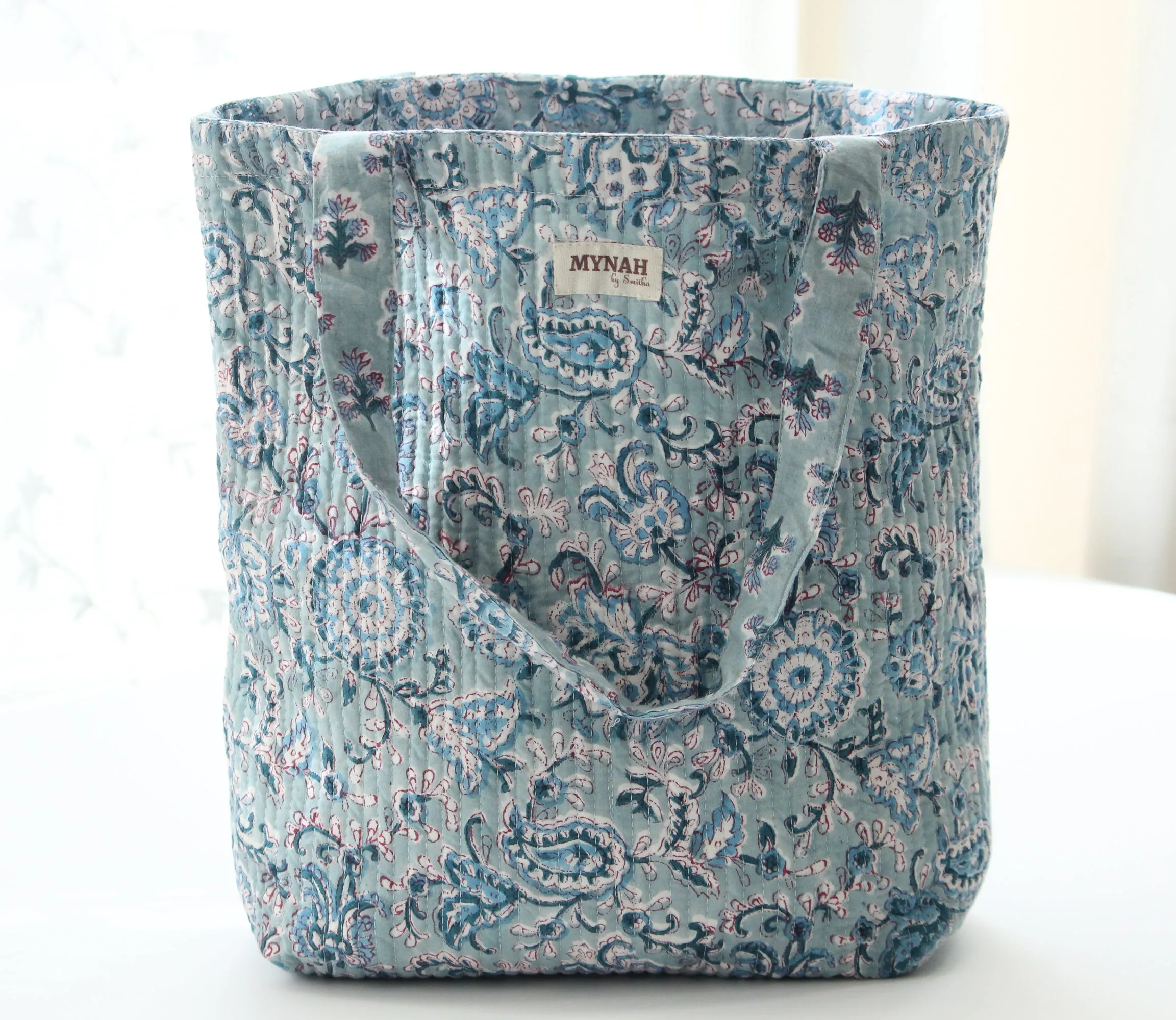 Dusty blue vines garden floral print tote bag-Small