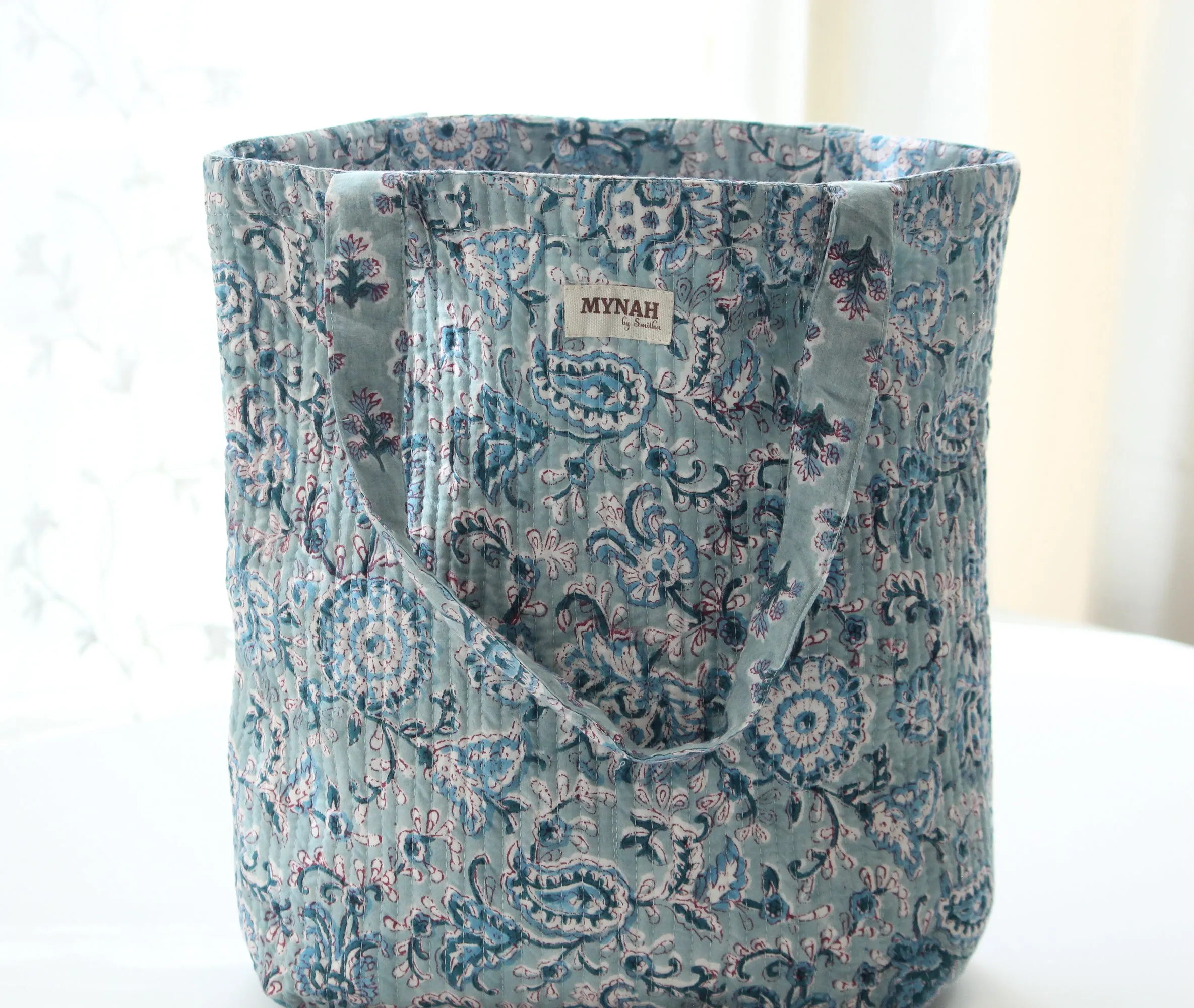 Dusty blue vines garden floral print tote bag-Small