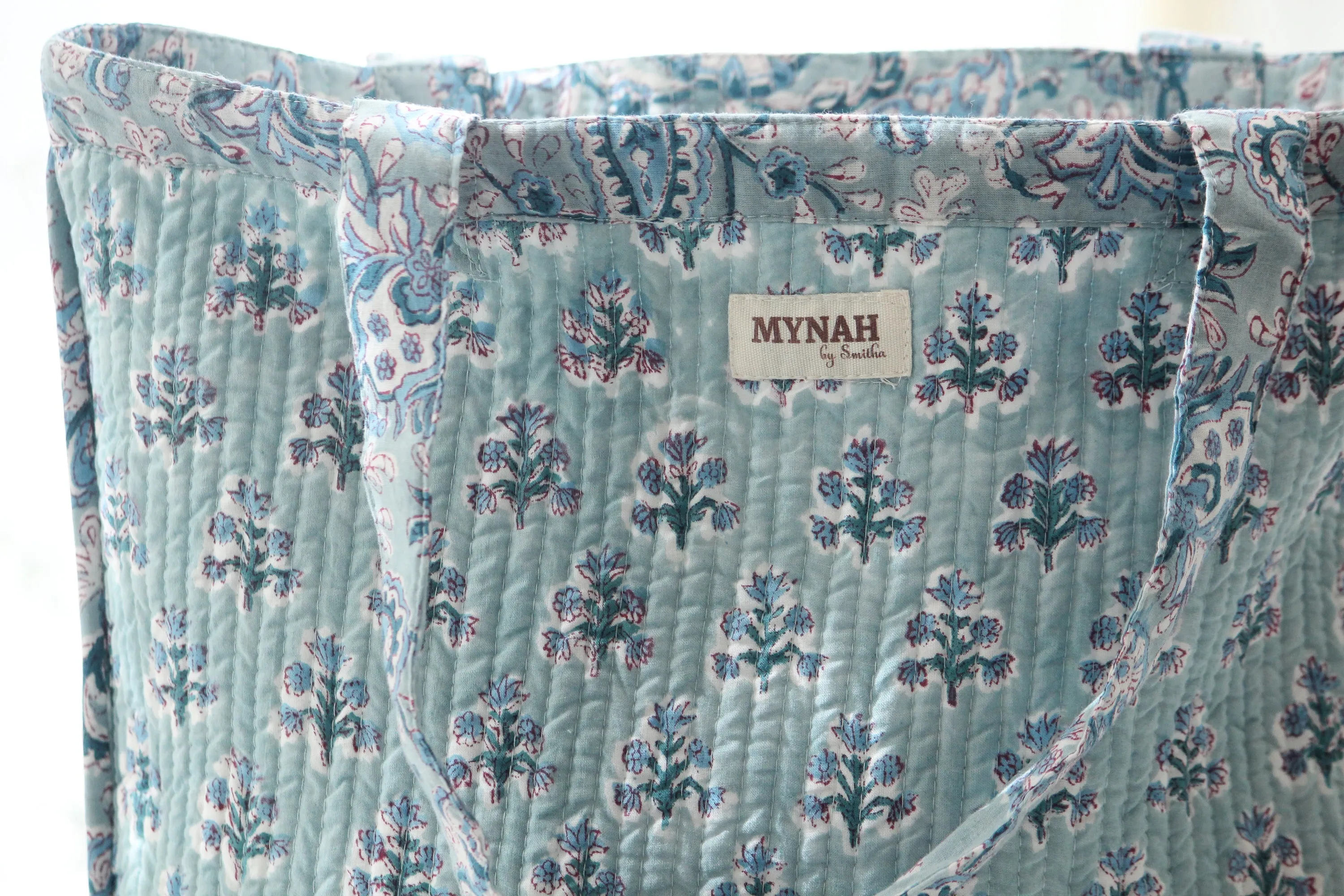 Dusty blue vines garden floral print tote bag-Small