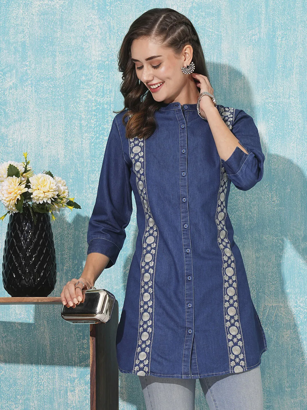 Dx Mandarin Collar Straight Denim Tunic for Women Online - Zola