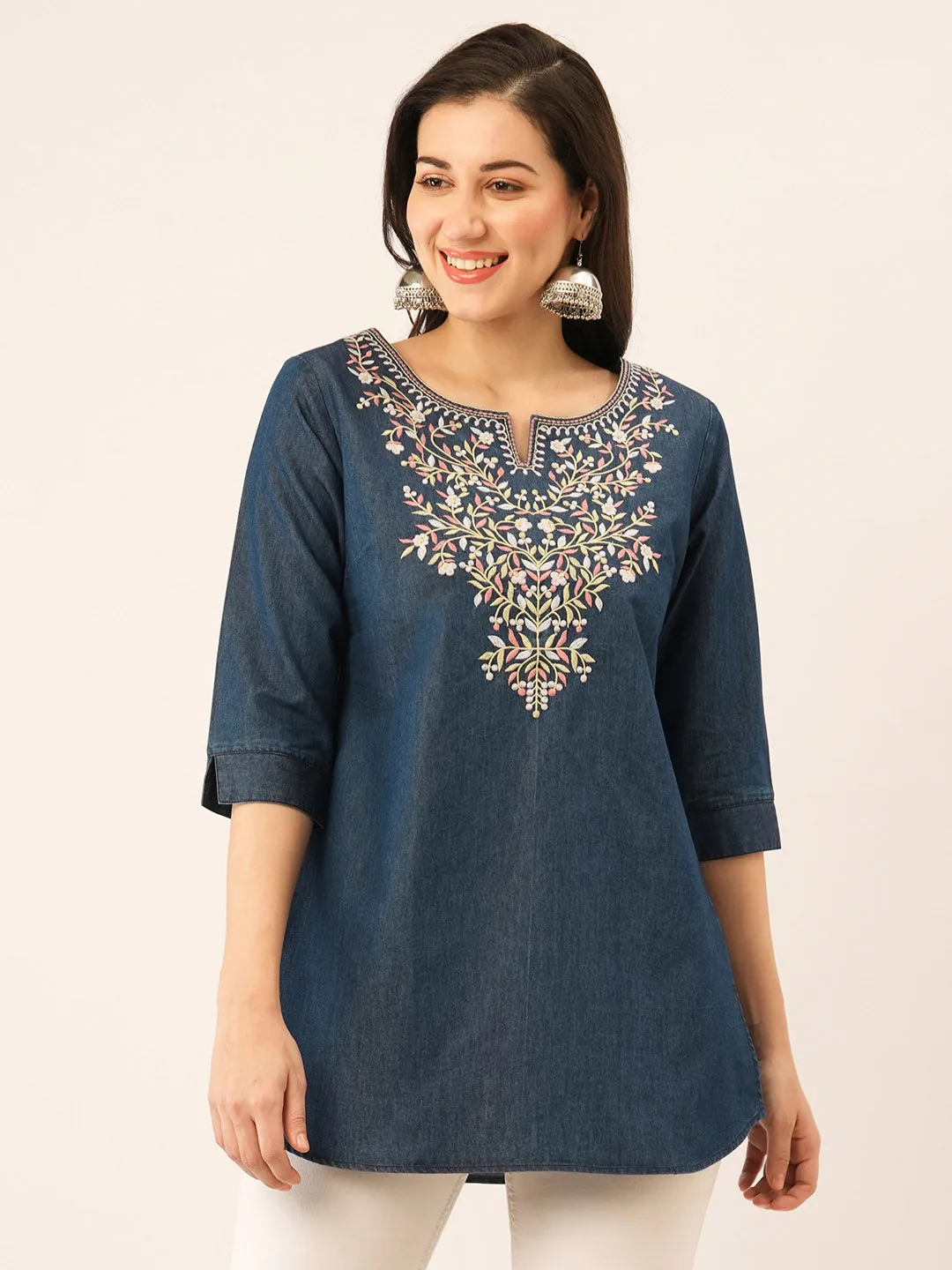 Dx Round Neck Straight Denim Tunic for Women Online in India-Zola