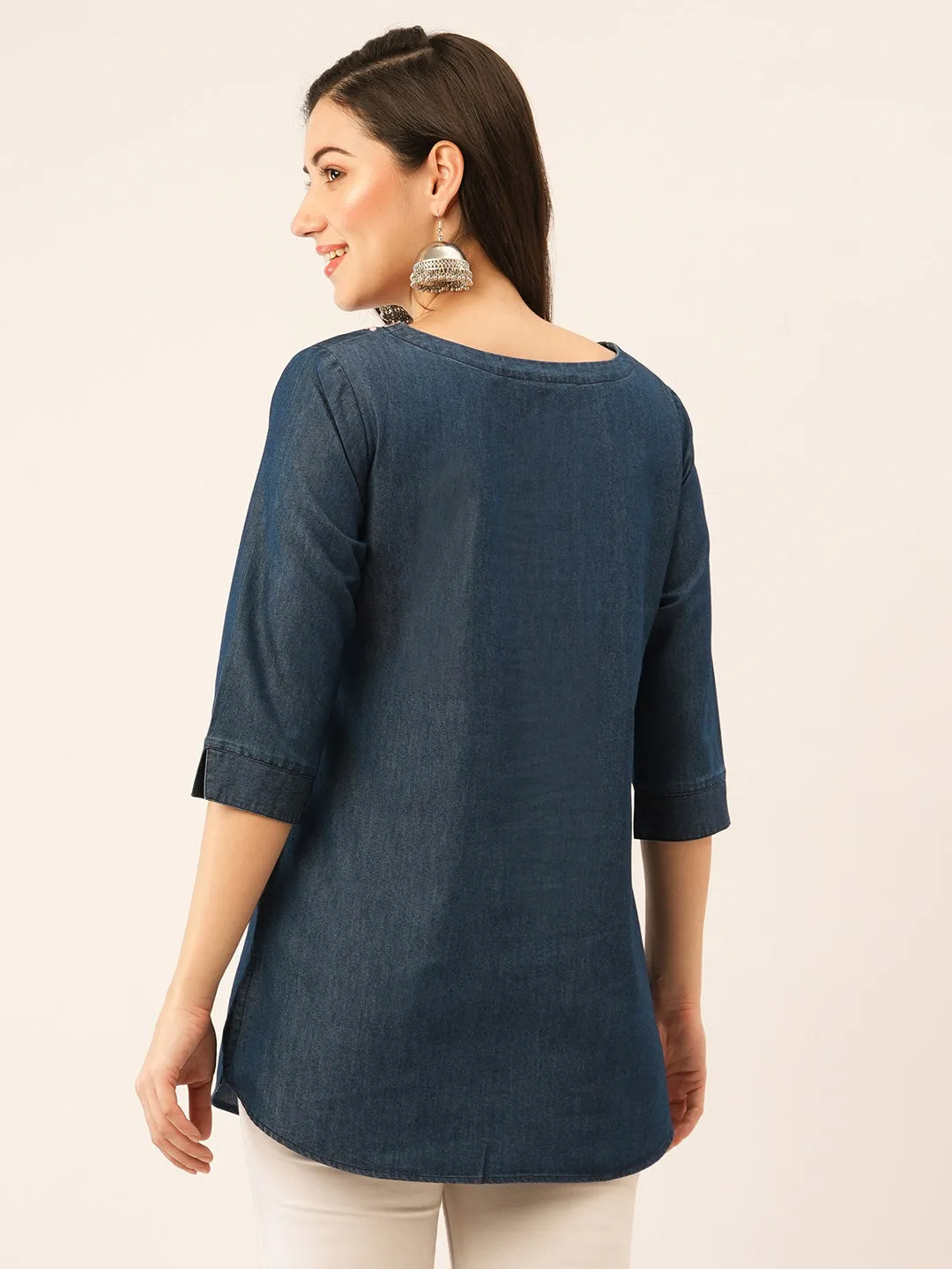 Dx Round Neck Straight Denim Tunic for Women Online in India-Zola